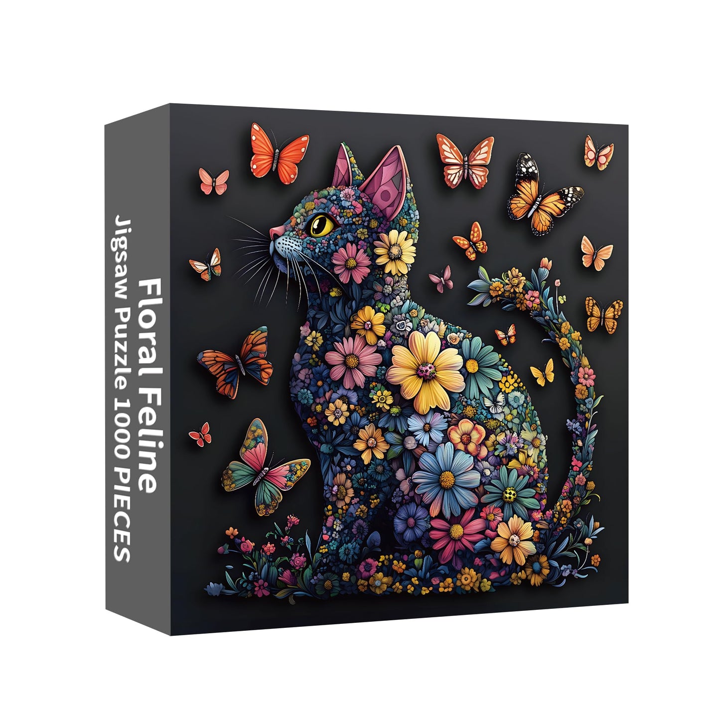 Cat 1000 Piece Puzzle for Adults, Butterfly Jigsaw Puzzles, Black Cat Flower Puzzle for Home Decor, Finished Size 23.98 * 23.98", with 1:1 Poster