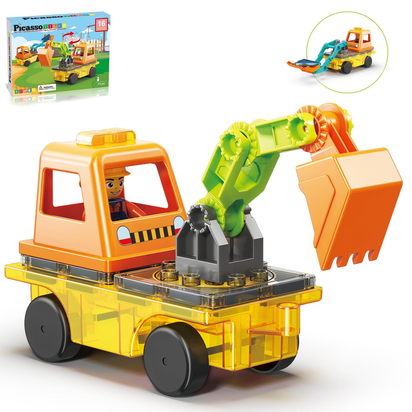 PicassoTiles Magnet Tiles Building Block 2-in-1 Excavator & Backhoe Brick Compatible Construction Playset with Car Base Magnetic Character Action
