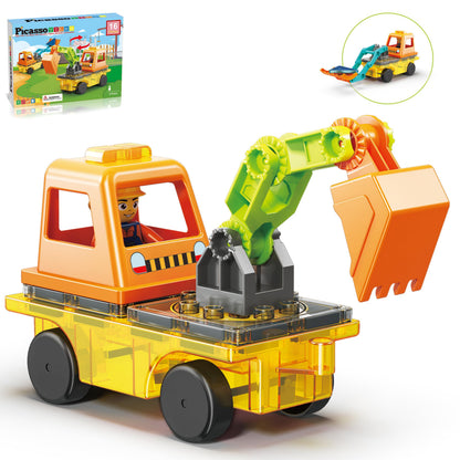 PicassoTiles Magnet Tiles Building Block 2-in-1 Excavator & Backhoe Brick Compatible Construction Playset with Car Base Magnetic Character Action