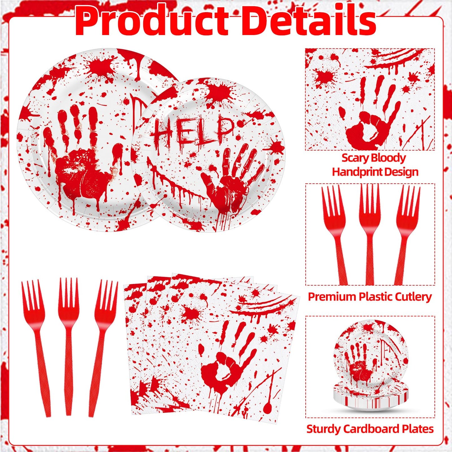 100 Pieces Halloween Bloody Party Tableware Set - Disposable Plates, Napkins, and Red Forks with Blood Handprint and Splatter Design for Halloween