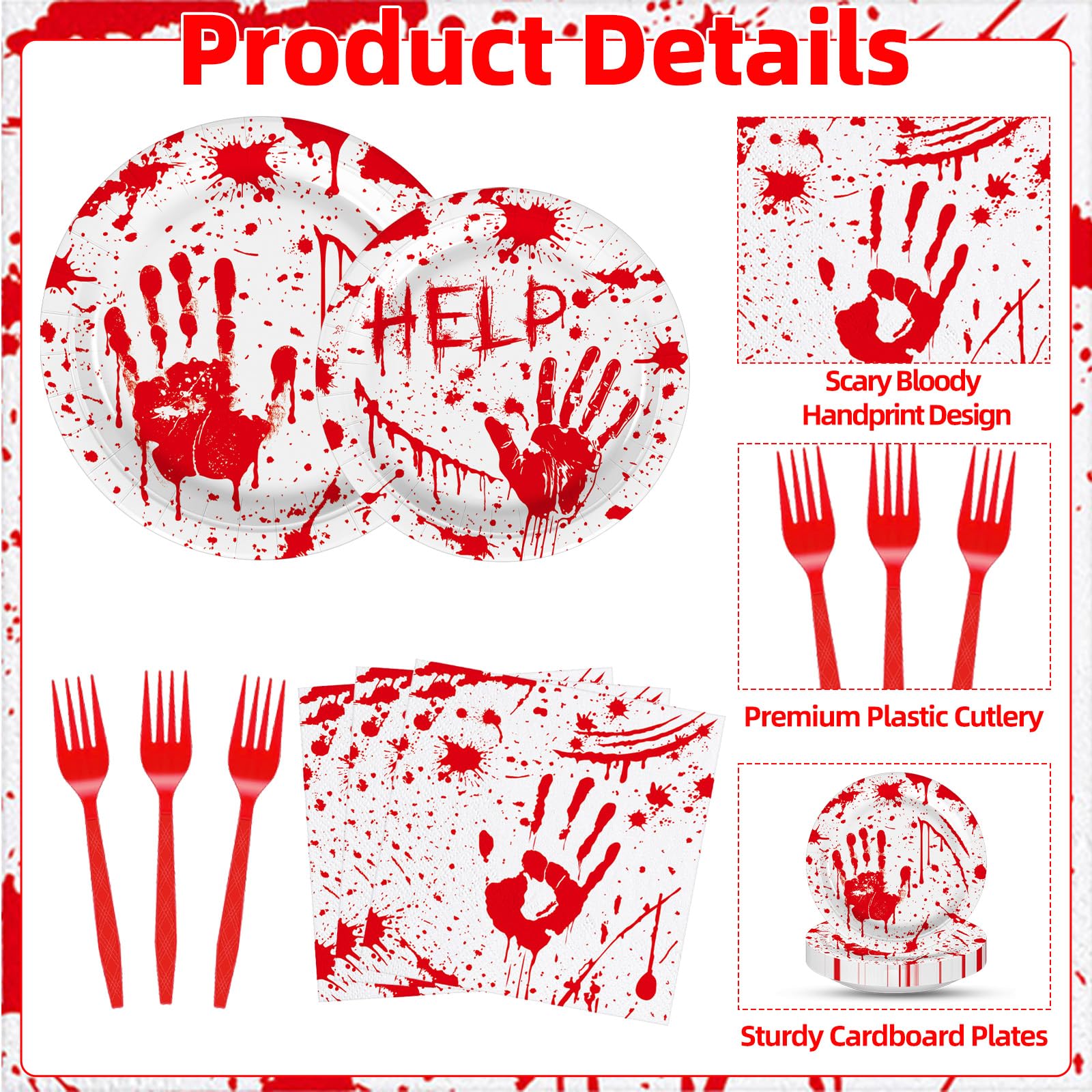 100 Pieces Halloween Bloody Party Tableware Set - Disposable Plates, Napkins, and Red Forks with Blood Handprint and Splatter Design for Halloween