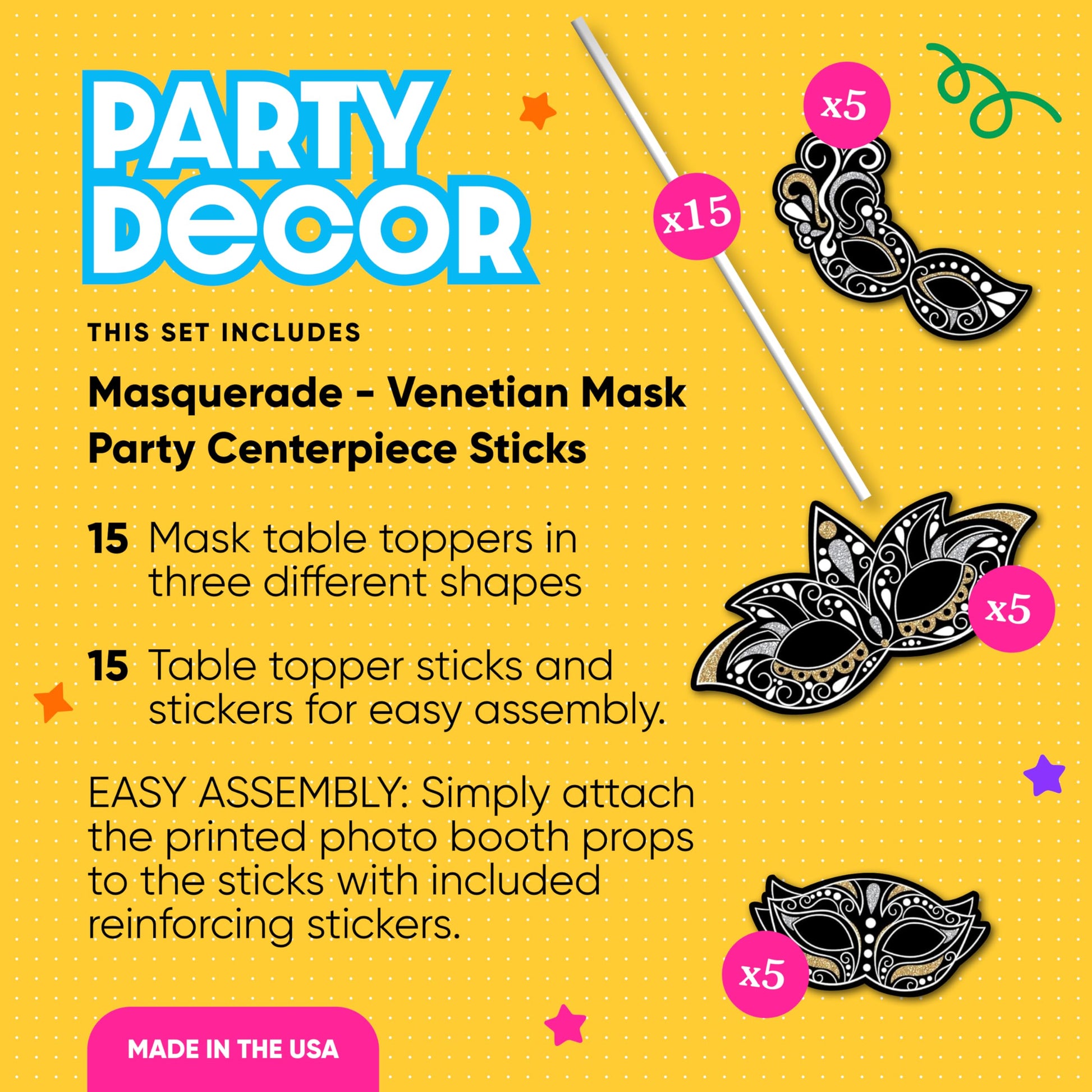 Big Dot of Happiness Masquerade - Venetian Mask Party Centerpiece Sticks - Table Toppers - Set of 15