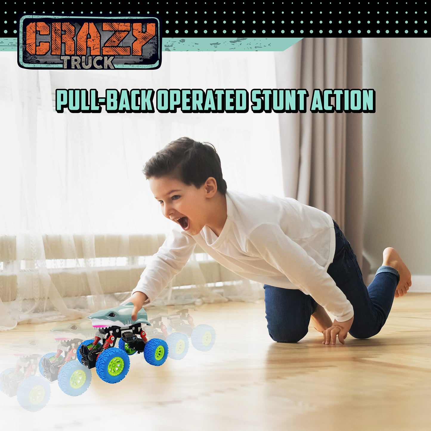 Nature Bound Crazy Trucks: Friction-Powered Toy Shark Truck That Moves Every Which Way, No Batteries Needed, Just Push and Go, Big Wheeled Toddler