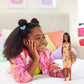 Barbie Fashionistas Doll #233 with Black Hair, Wearing Checkered Orange and Pink Flower Midi Dress with Necklace and Sandals