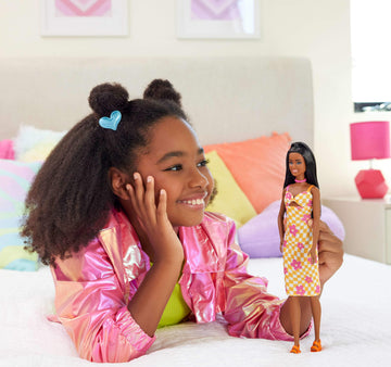 Barbie Fashionistas Doll #233 with Black Hair, Wearing Checkered Orange and Pink Flower Midi Dress with Necklace and Sandals