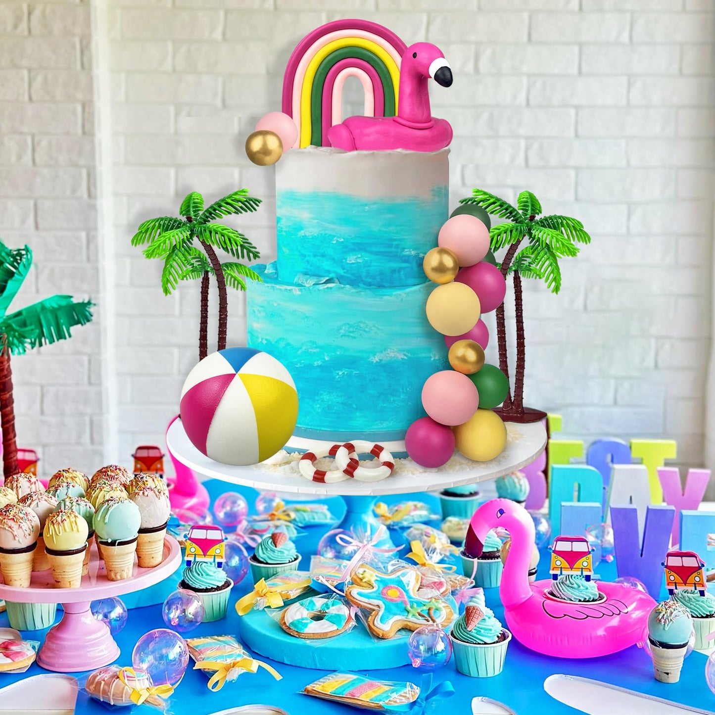 23 PCS Hawaiian Beach Cake Decoration Set Summer Cake Decor with Flamingo Rainbow and Coconut Tree Toppers for Hawaiian Theme Party