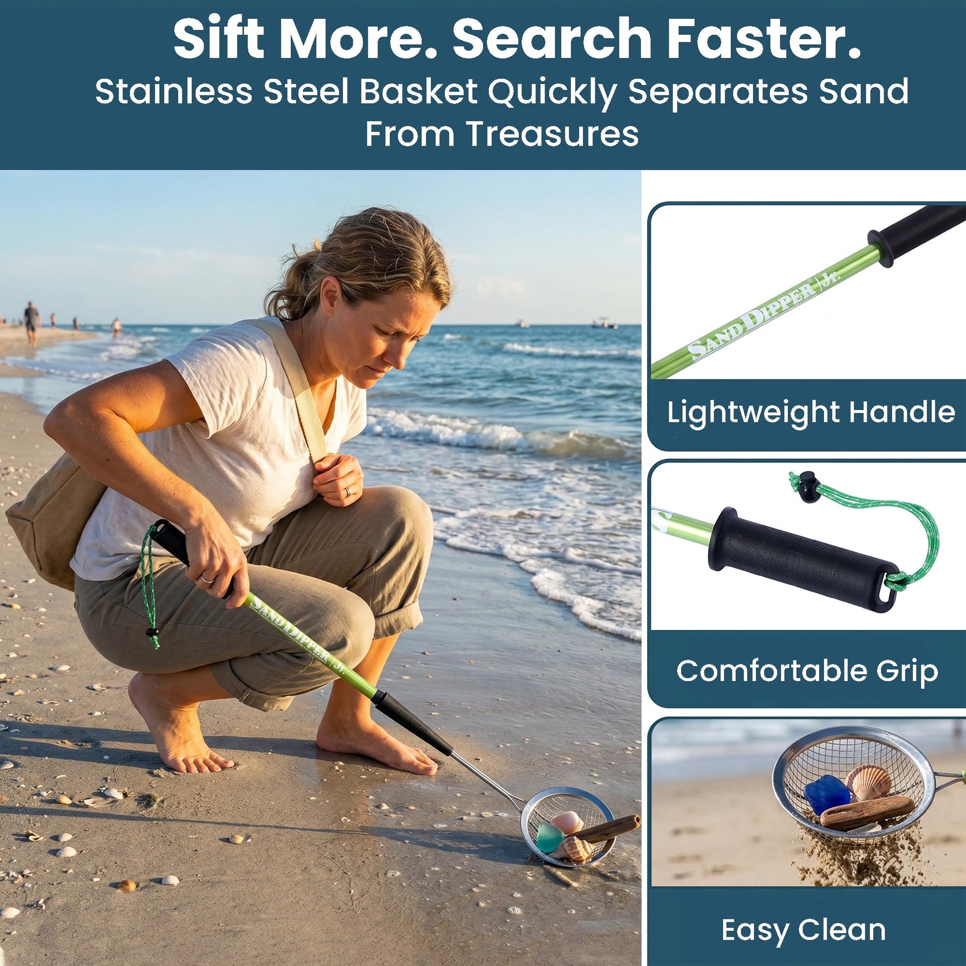 Sand Dipper Compact Beach Scoop for Shells, Sea Glass & Shark Teeth (Green, Round Basket)