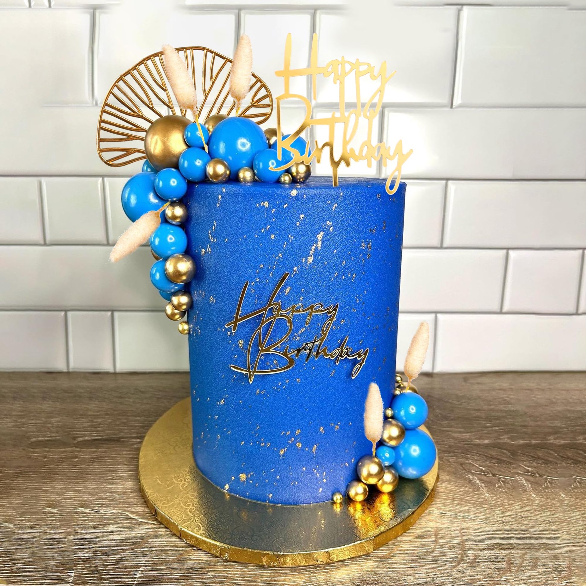 Boho Cake Topper Gold Blue Balls Cake Decorations Palm Leaves Boho Grass for Wedding Birthday (03)