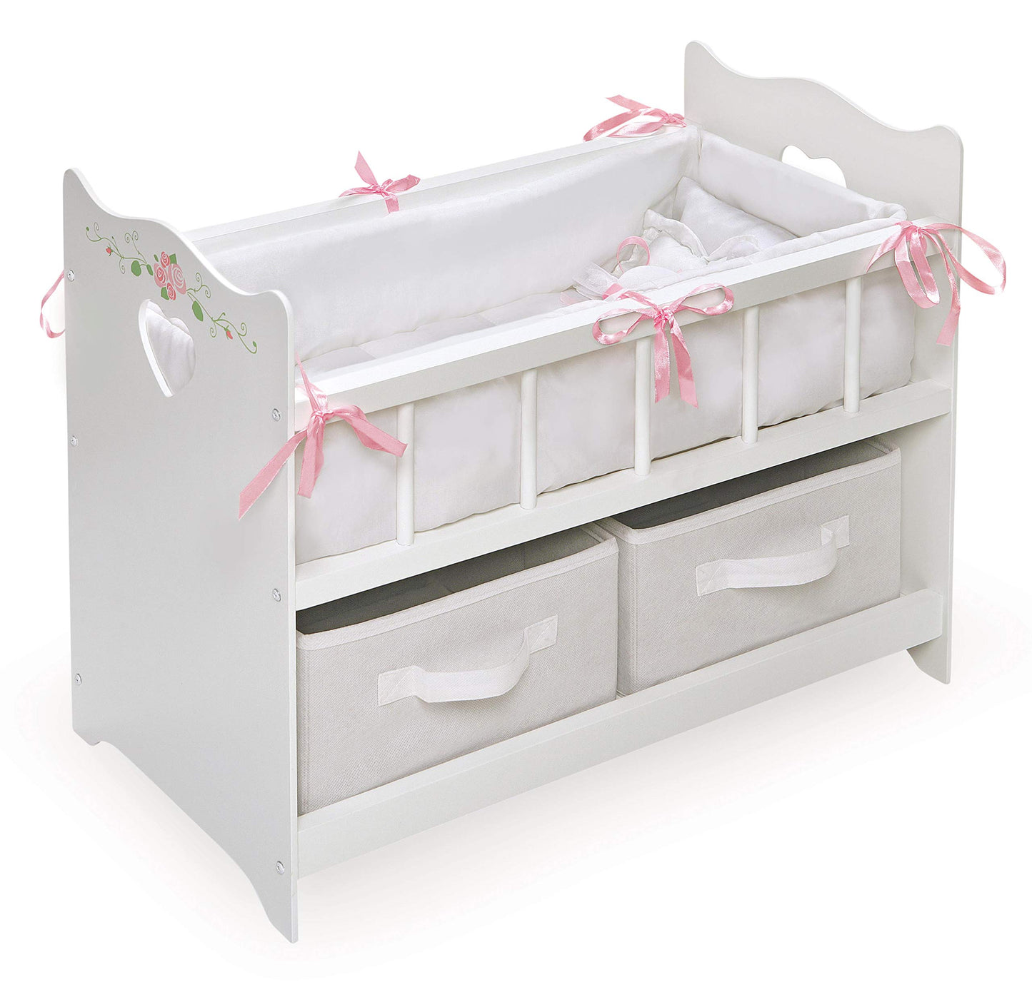 Badger Basket Wooden Doll Bed with Bed Liner, Pillows and Two Storage Baskets - Fits 18" Dolls - Ideal for Pretend Play and Baby Doll Fun - White/Rose