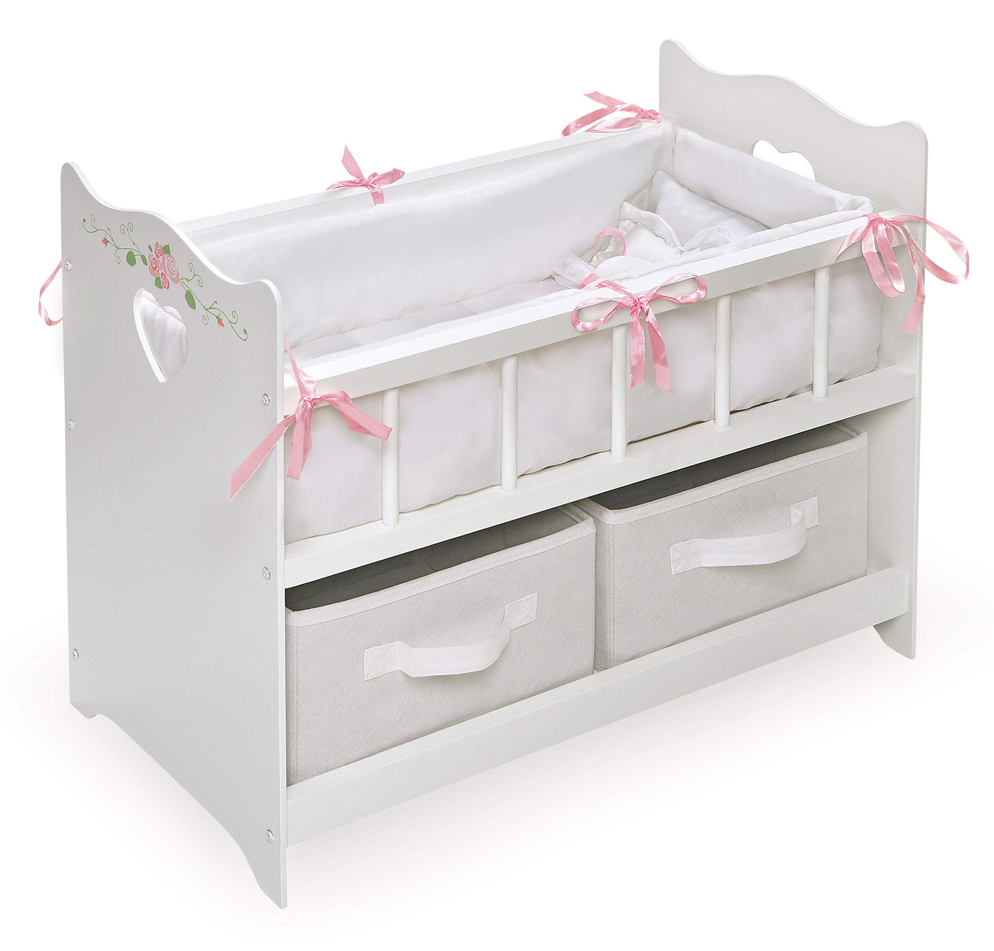 Badger Basket Wooden Doll Bed with Bed Liner, Pillows and Two Storage Baskets - Fits 18" Dolls - Ideal for Pretend Play and Baby Doll Fun - White/Rose