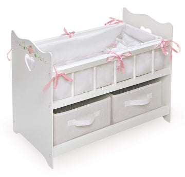 Badger Basket Wooden Doll Bed with Bed Liner, Pillows and Two Storage Baskets - Fits 18" Dolls - Ideal for Pretend Play and Baby Doll Fun - White/Rose