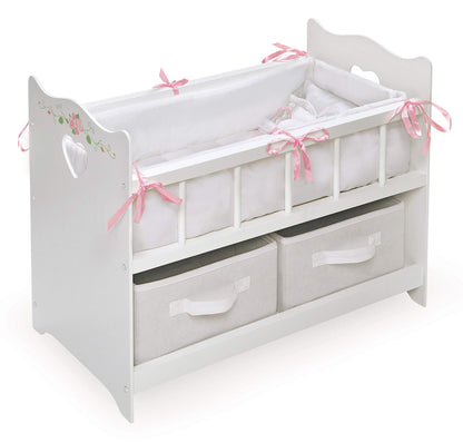 Badger Basket Wooden Doll Bed with Bed Liner, Pillows and Two Storage Baskets - Fits 18" Dolls - Ideal for Pretend Play and Baby Doll Fun - White/Rose