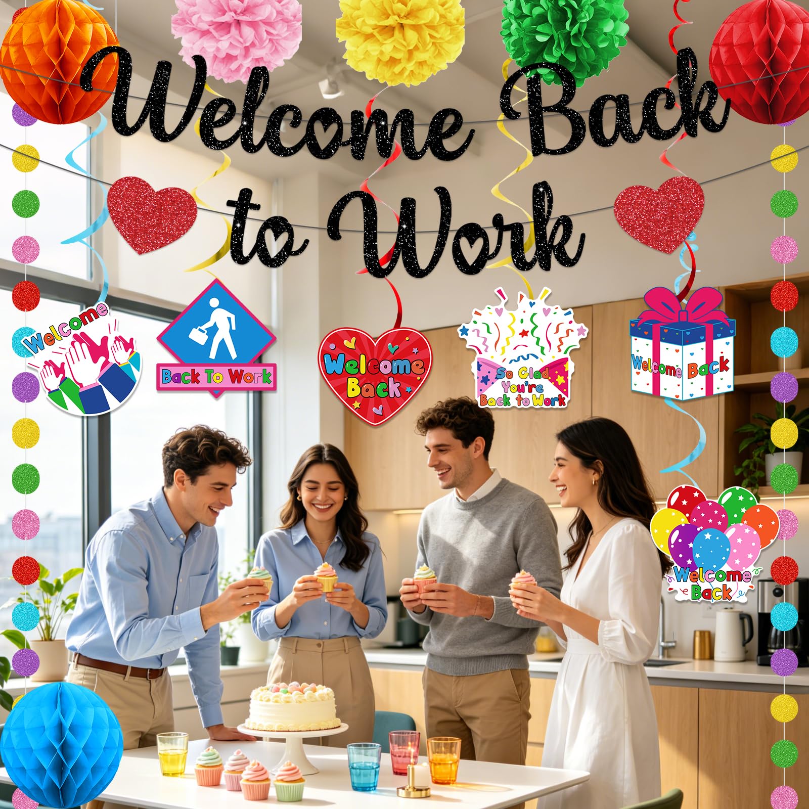 Welcome Back Decorations for Office Welcome Back to Work Decorations with Black Glitter Banner Circle Dots Garland Hanging Swirls Pom Poms Welcome