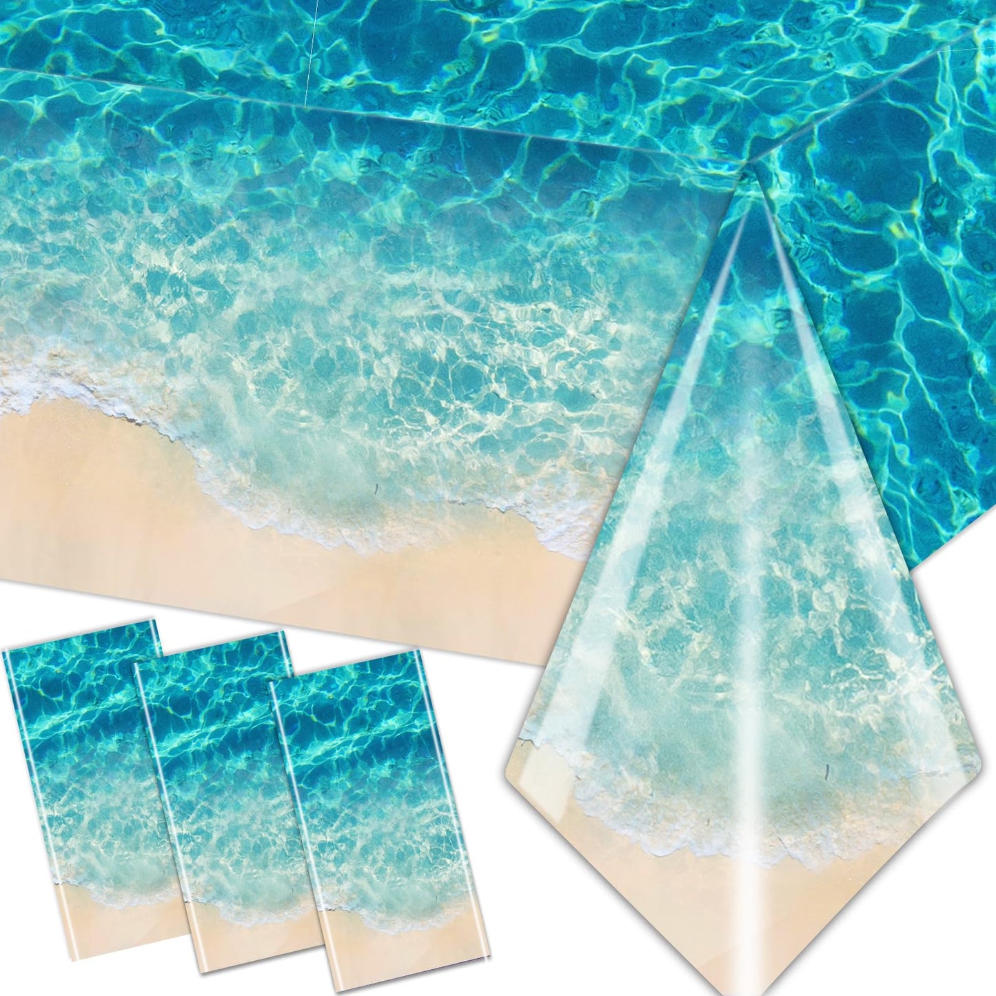 CMUSKO Ocean Waves Tablecloth, 3Pcs Summer Beach Pool Party Decorations Tablecloth Plastic Beach Ocean Water Print Table Cover for Hawaiian Party