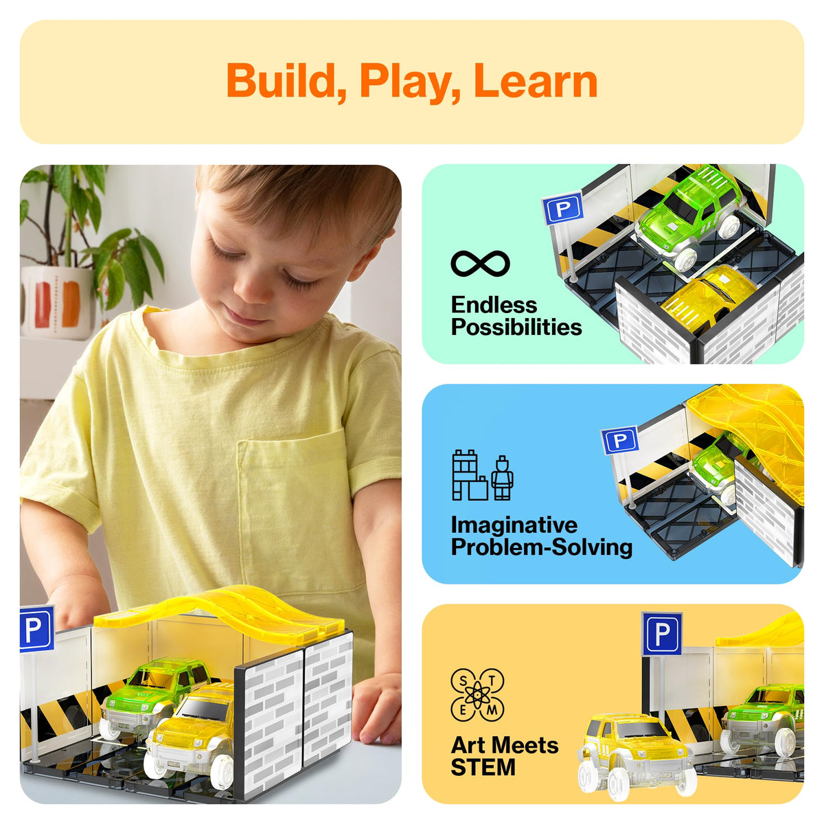 PicassoTiles Magnetic Tiles Race Car Track Kit Parking Garage Expansion Pack with 2 Cars Magnet Tile Building Blocks Educational Toy Learning Kit