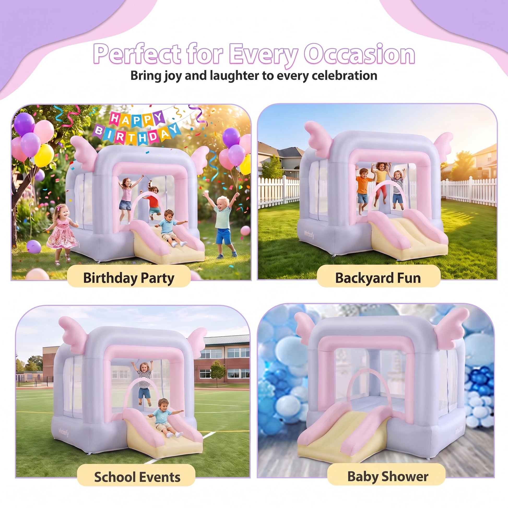 AKEYDIY Pink Inflatable Bounce House for Girls, Pastel Bouncer with Slide, Inflatable Jumping Bouncy Castle for Kids Birthday Party Gifts Outdoor