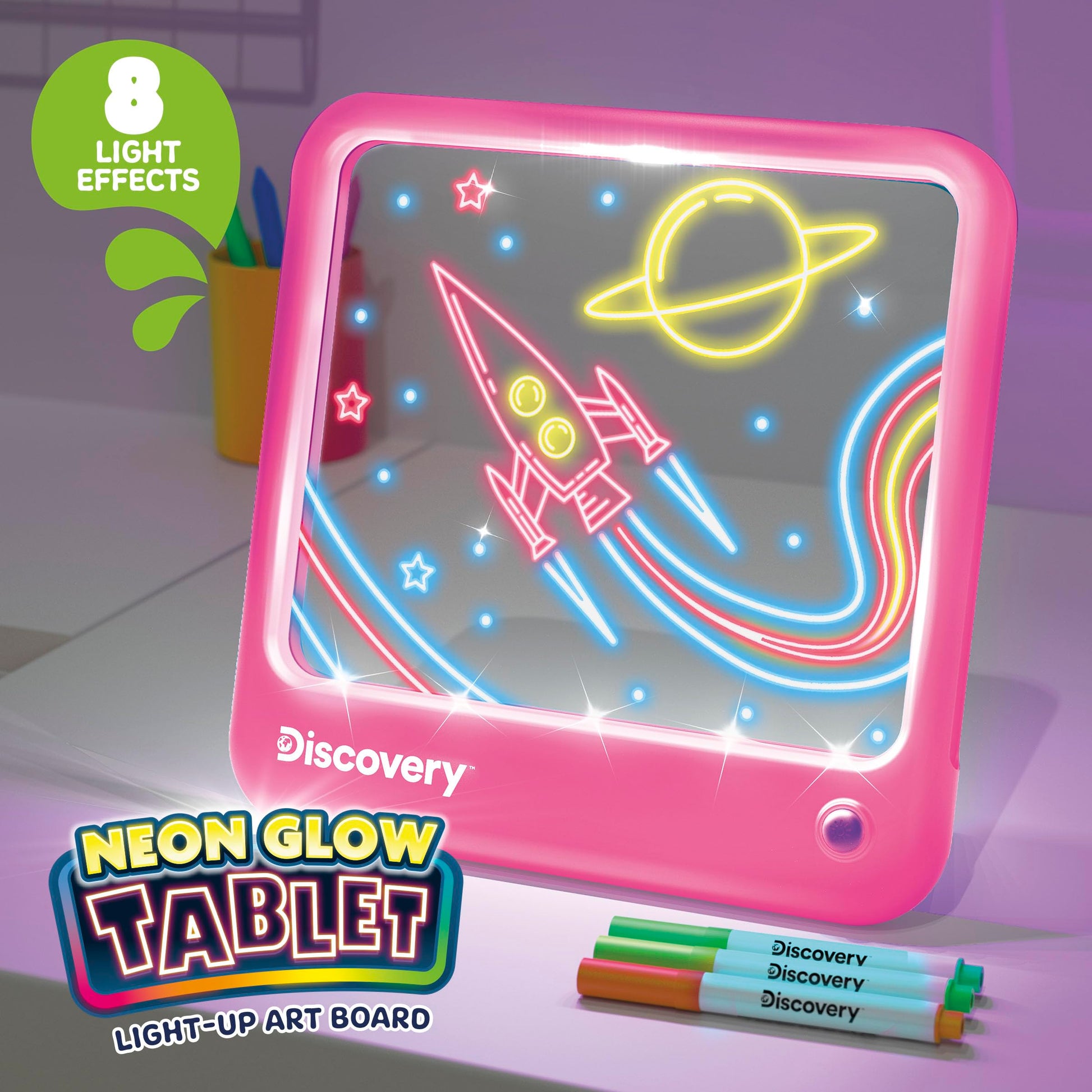 Discovery Neon Glow Drawing Board - LED Drawing Tablet for Kids| 8 Light Effects, 3 Washable Markers| Doodle Board Sketch Pad Art Kit| Built-in