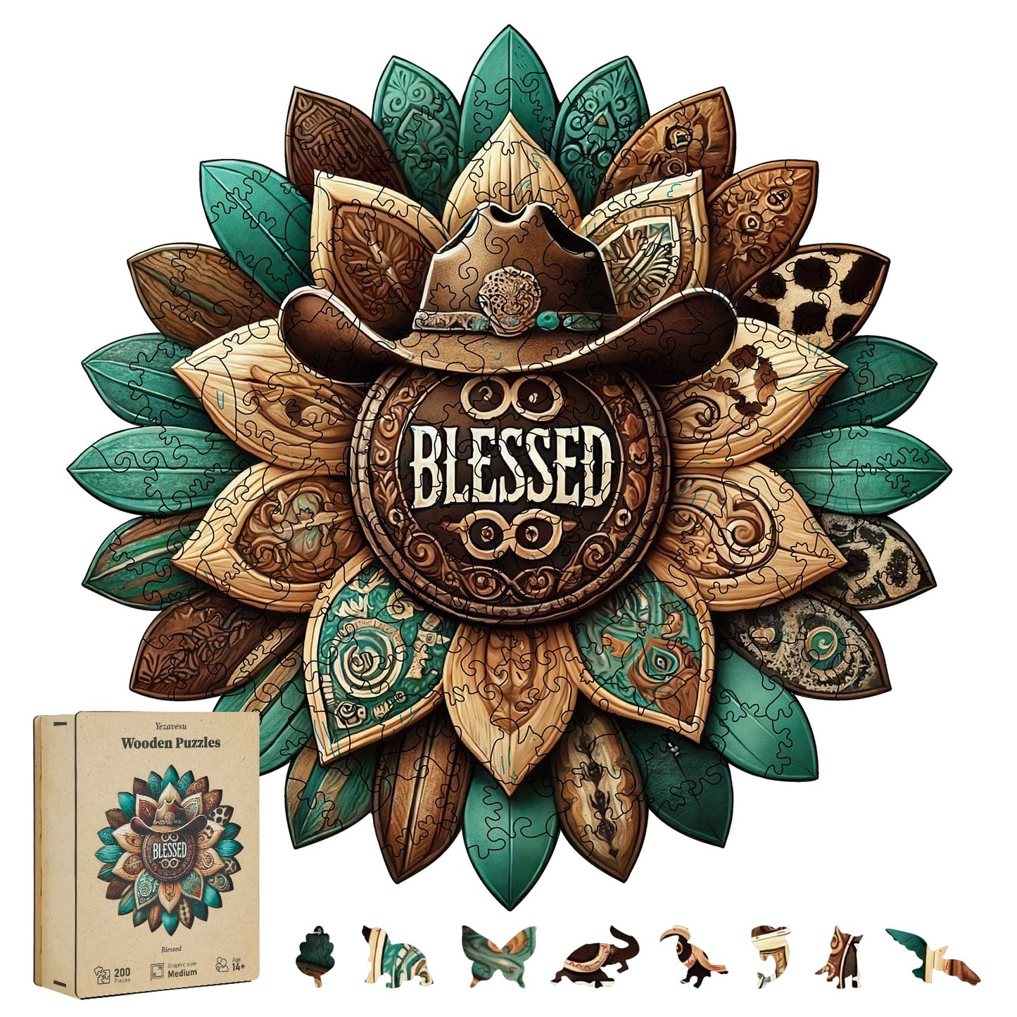 200 Pieces Blessed Wooden Puzzles for Adults, Cowboy Hat Unique Shaped Wooden Jigsaw Puzzles for Adults, Irregular Adult Wood Puzzle Creative Gift