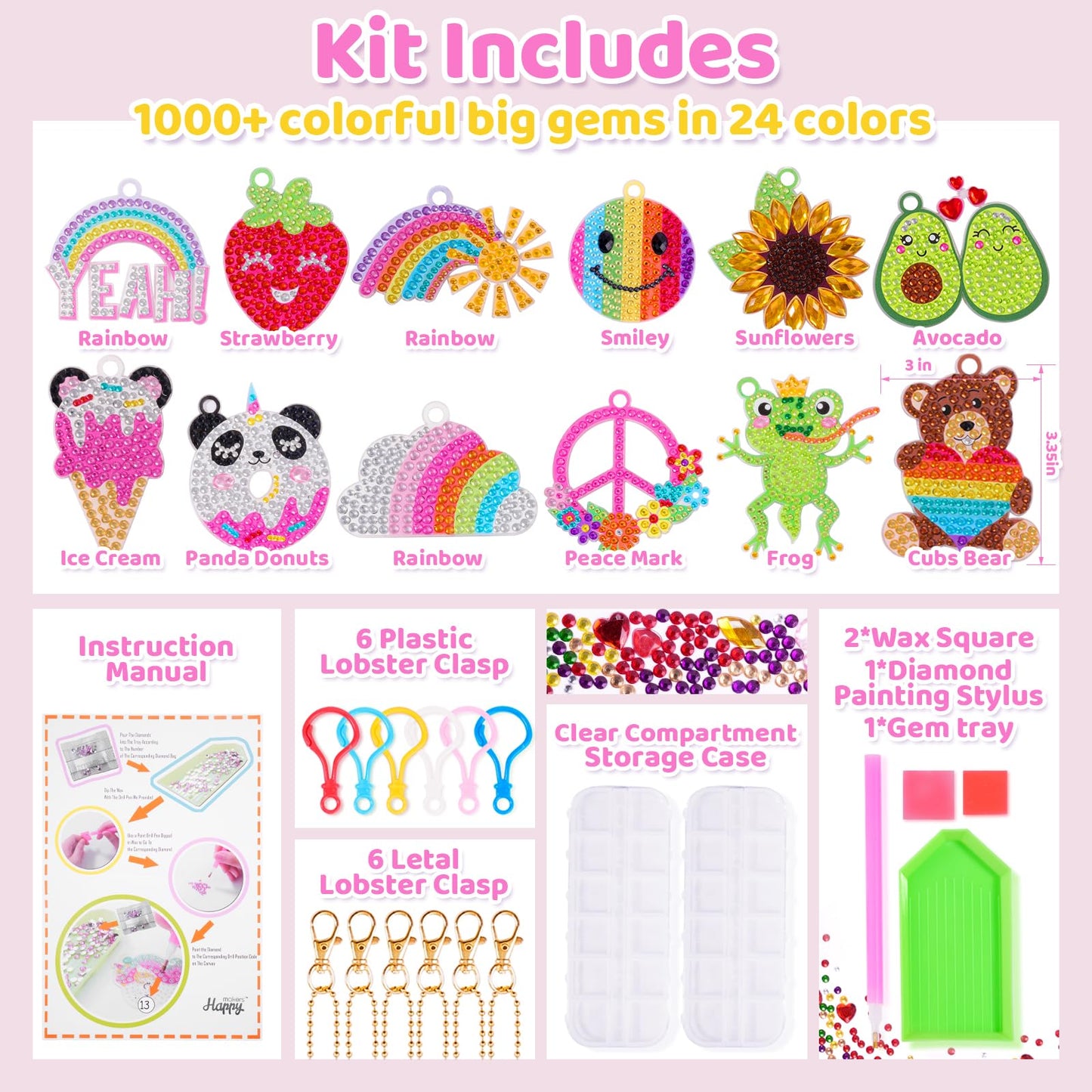 Happy makers Big Gem Diamond Art Painting Arts Crafts Keychains Suncatchers Kits for Gifts, Mosaic Painting Kit by Numbers for Teens Toddler DIY