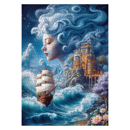 Larkipuzz Fantasy Women Ocean Puzzles for Adults 1000 Pieces, Beautiful Sea Landscape Jigsaw Puzzle, Difficult Sailboat Art Ship Puzzles