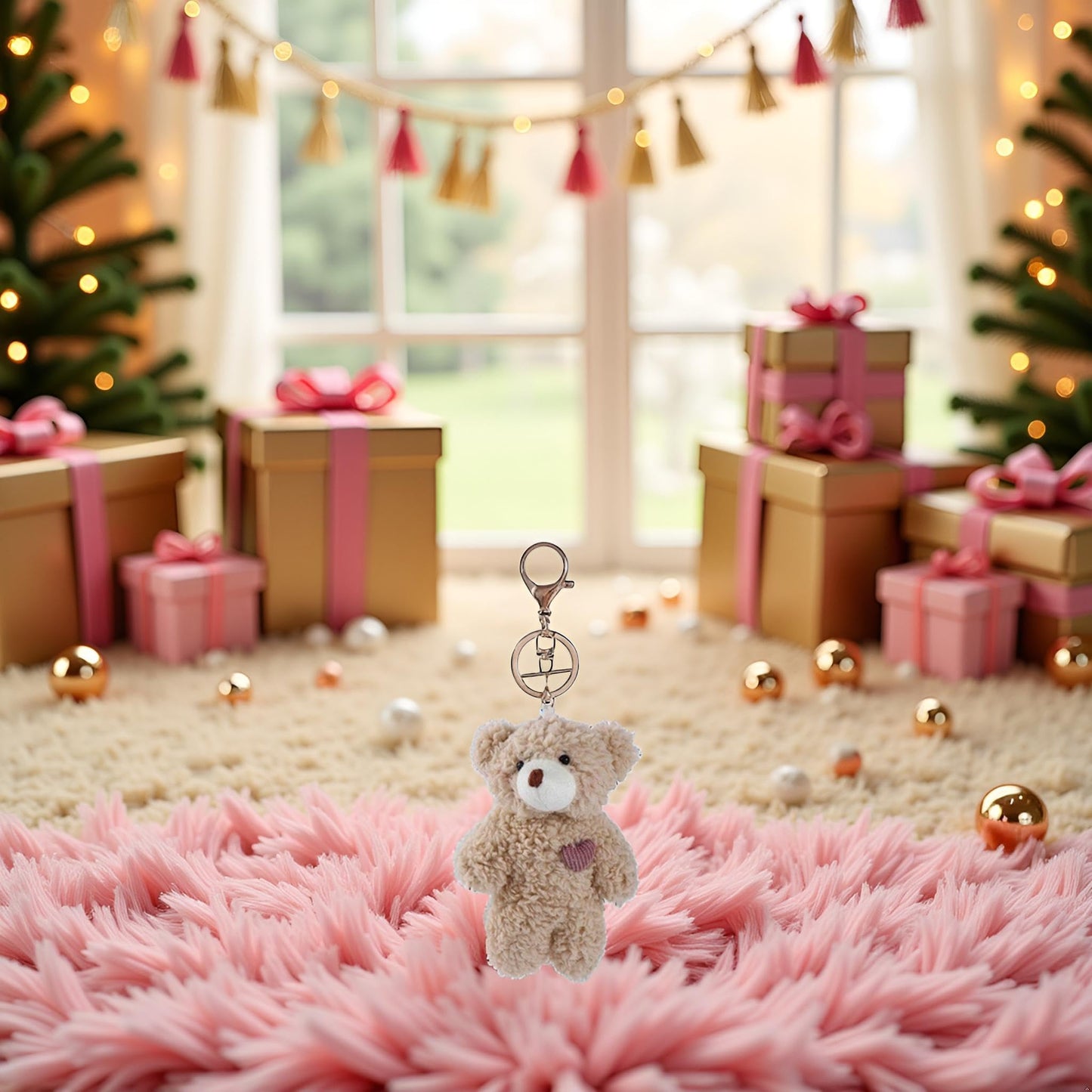 Jowxsx 1Pc Brown Bear Pink Heart Mini Keychain for Backpack,Soft Cotton Key Chain Keychain for Gift Graduation Party Favors Bag DIY Crafts Animals Car