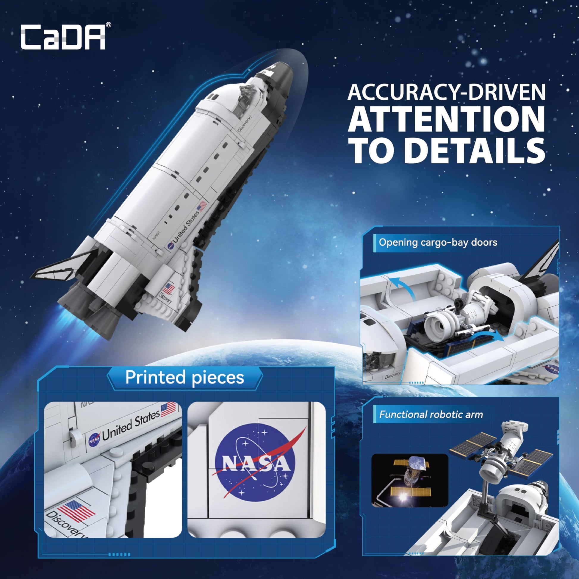 CADA Bricks - NASA Space Shuttle Discovery Building Set with Satellite & Display Stand, 475 Pieces, NASA Shuttle Model Kit, Compatible with Major