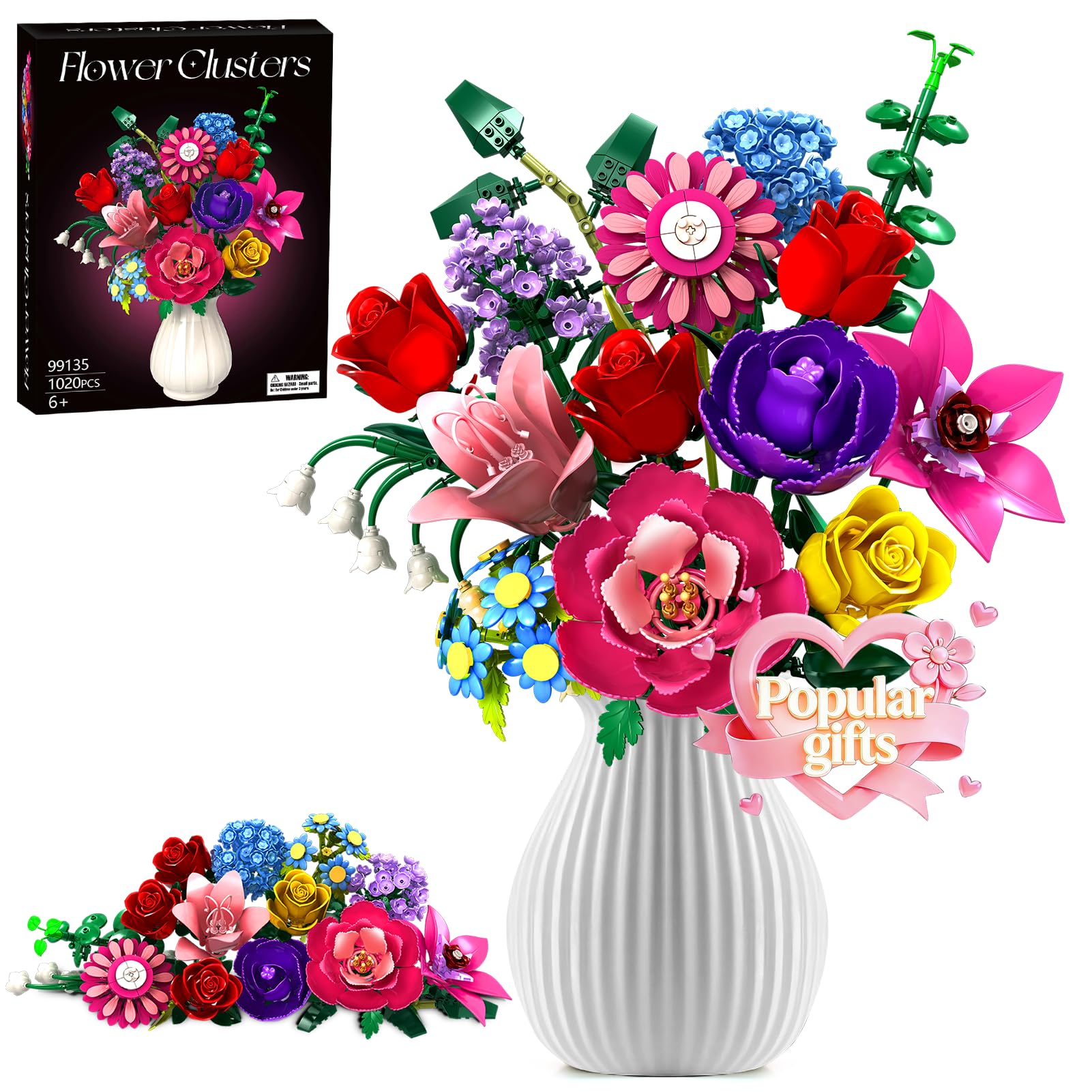 Rongmeiz Flower Bouquet Building Set, 1020 PCS Botanical Collection Building Block Toy, Rose Flowers Plant Home Decor, Christmas, Valentine's Day