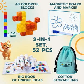 OLEZAR 48pcs Magnetic Transparent Blocks, 1inch, 2-in-1 STEM Set with Board, Marker & Book, Educational Building Toy for Kids 3-5, Learning Building