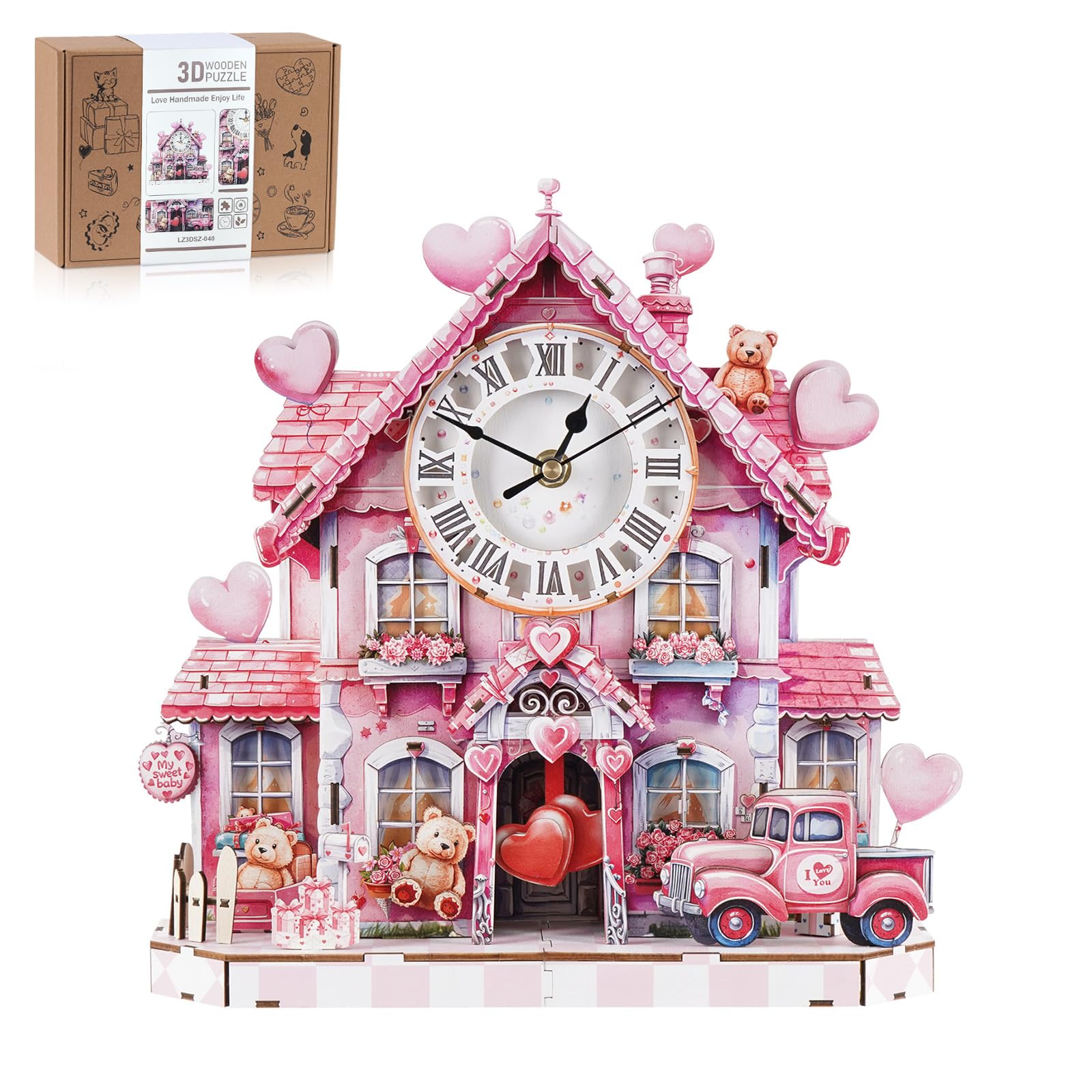 Rnfinewow 3D Wooden Puzzles for Adults, 3D Puzzle Sweetheart House Clock Kit (with Pendulum), 3D Puzzles for Adults Home Decor DIY Clock Puzzle Gifts