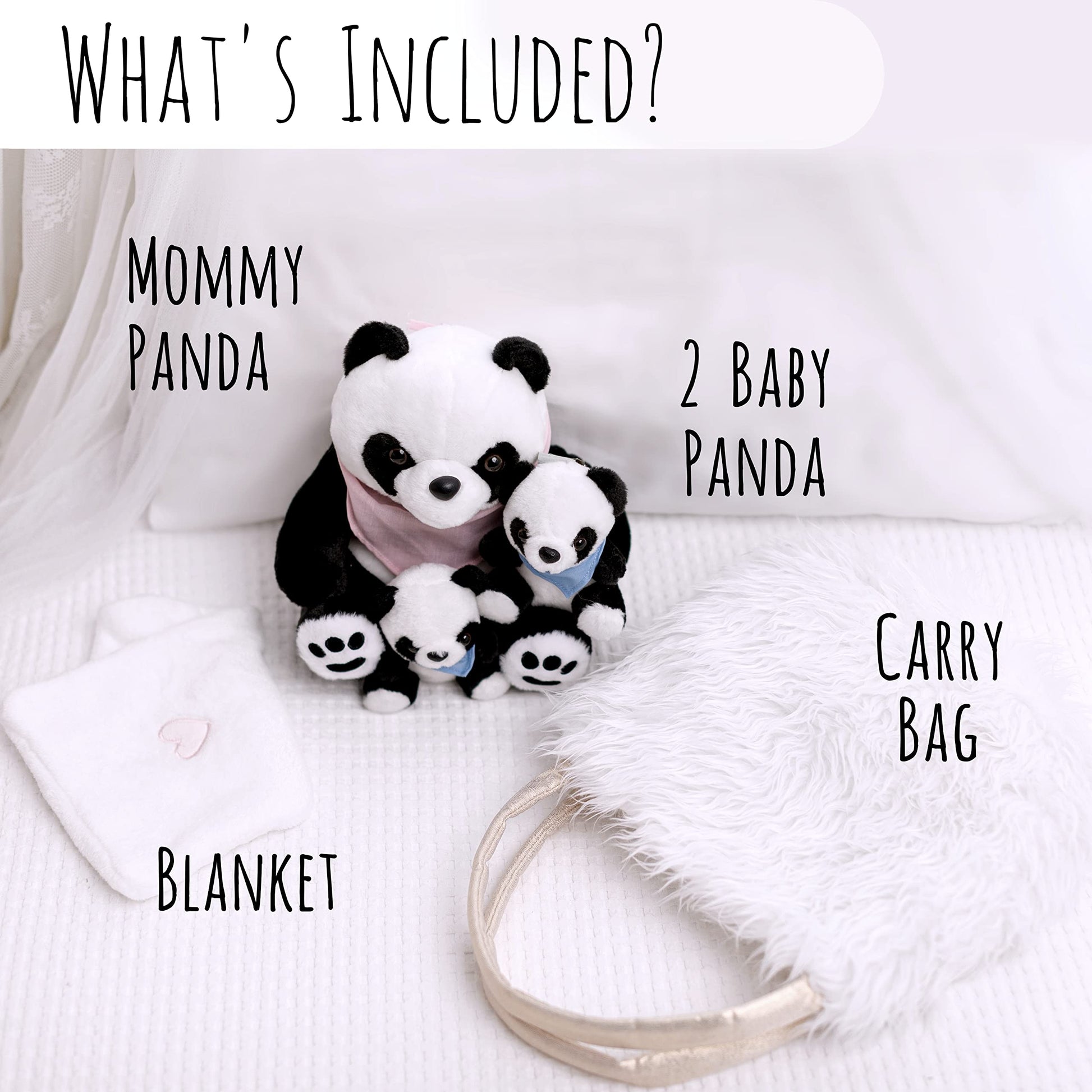 Perfectto Design Panda Stuffed Animal Bear Plush Toy for Girls 5 PCS Set - Mommy, 2 Babies, Bag, Blanket stuffies 3 4 5 Year Old Girl, Little Girls