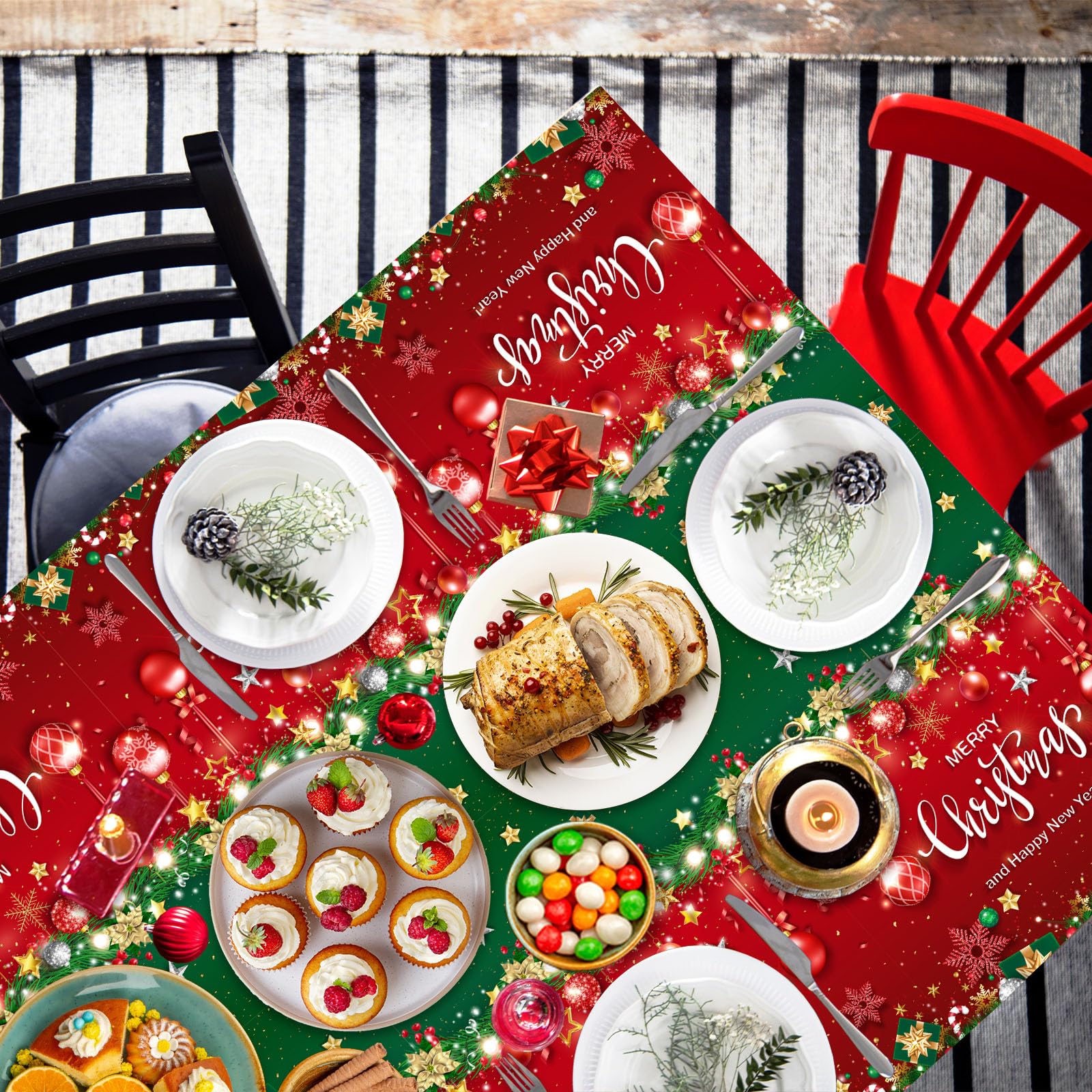 Christmas Plastic Tablecloth, 3Pcs Red and Green Merry Christmas Table Cover, Xmas Tree Tablecloth for Winter Holiday Christmas Party Supplies