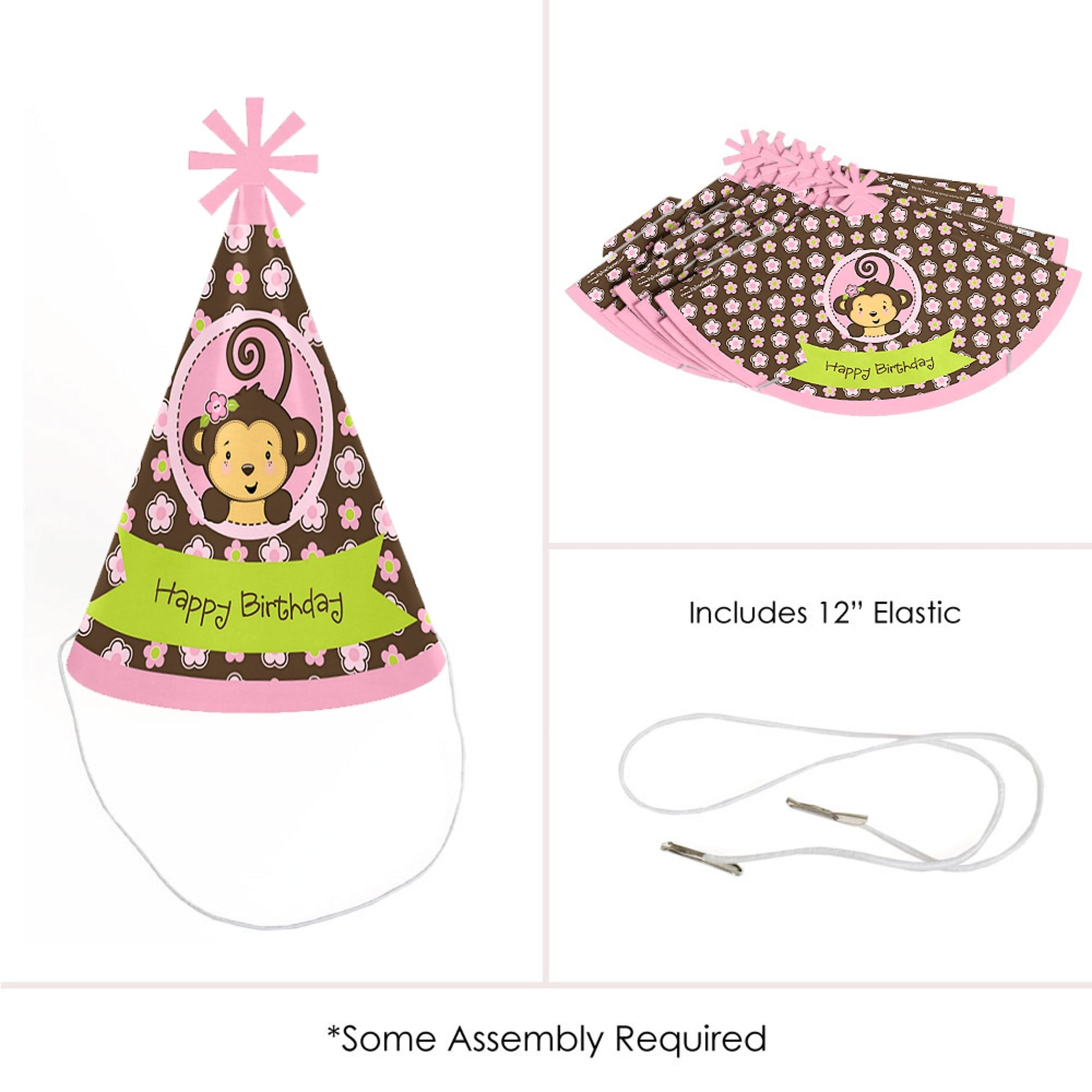 Big Dot of Happiness Pink Monkey Girl - Cone Happy Birthday Party Hats for Kids and Adults - Set of 8 (Standard Size)