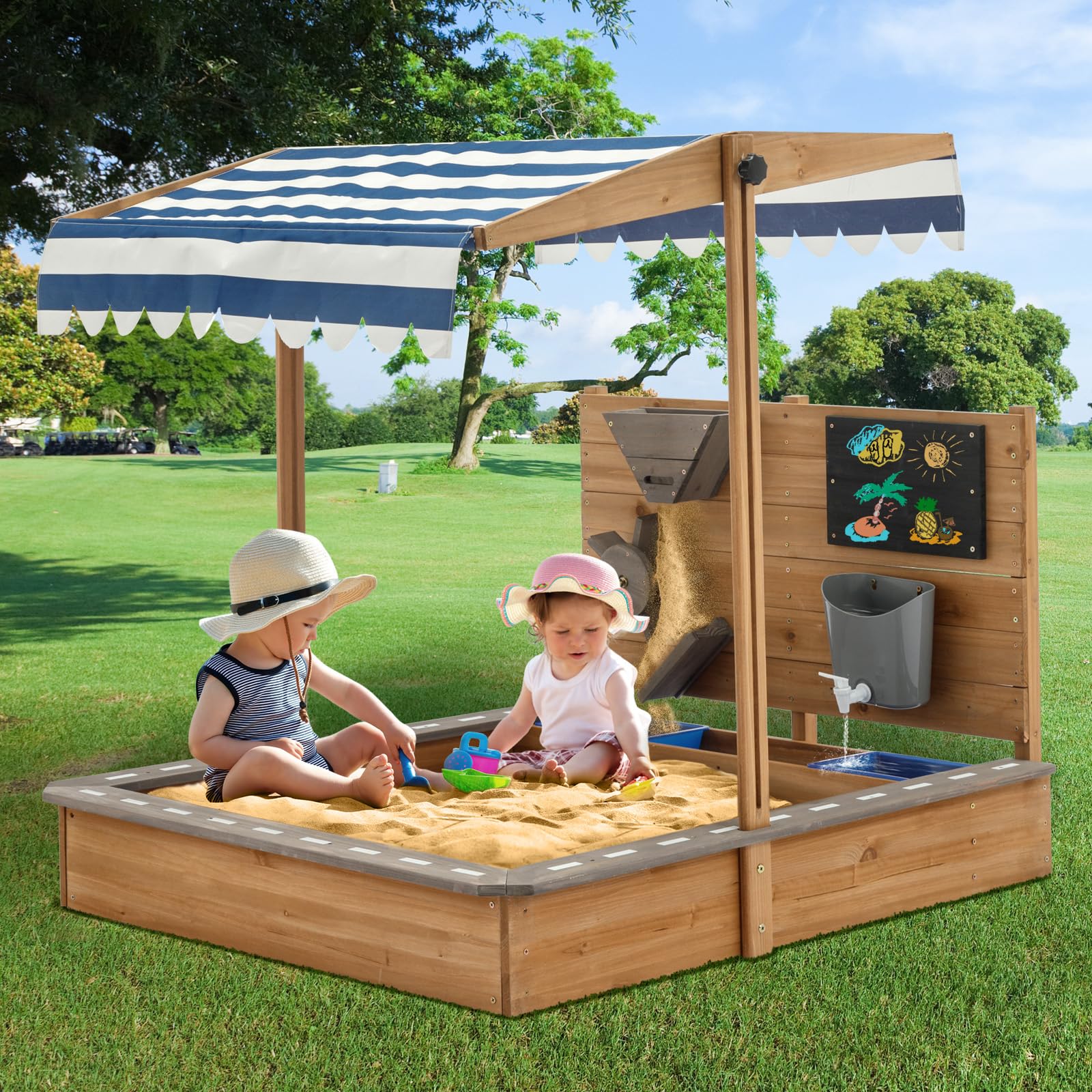 Kids Large Wooden SandBoxes with Roof, Pipleo Outdoor Sand Box Play w/Canopy for Backyard Garden Beach, Sand Pit for Beach Patio Outdoor, [Adjustable