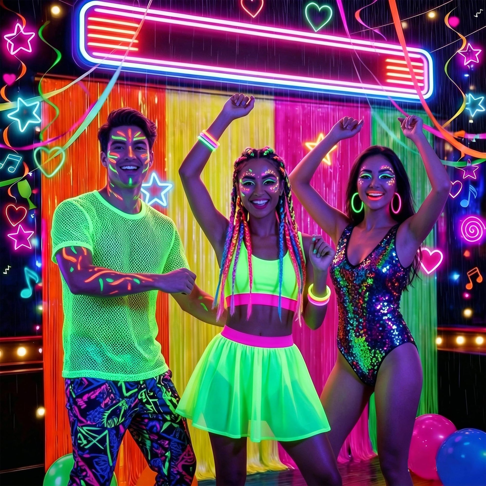 Neon Streamers Backdrop Party Supplies, Glow in Curtains Party Decorations