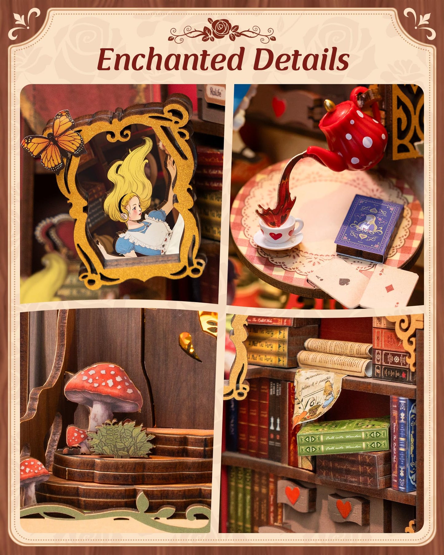 ROBOTIME Book Nook Kits Fall into Wonder, Miniature House Decorative Bookend with LED Light, Fantasy Fairy Tale Bookshelf Decor, DIY Wooden Craft
