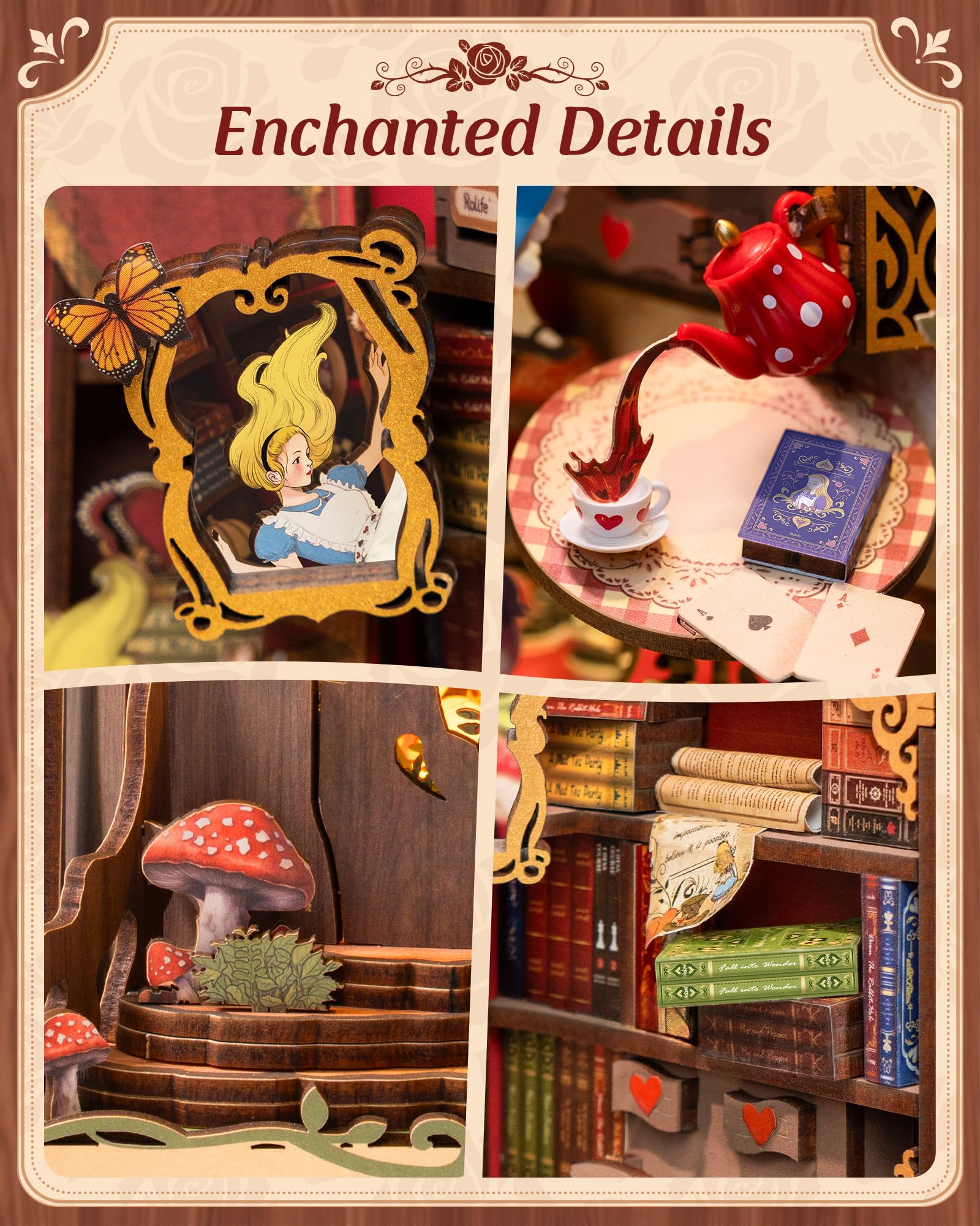ROBOTIME Book Nook Kits Fall into Wonder, Miniature House Decorative Bookend with LED Light, Fantasy Fairy Tale Bookshelf Decor, DIY Wooden Craft