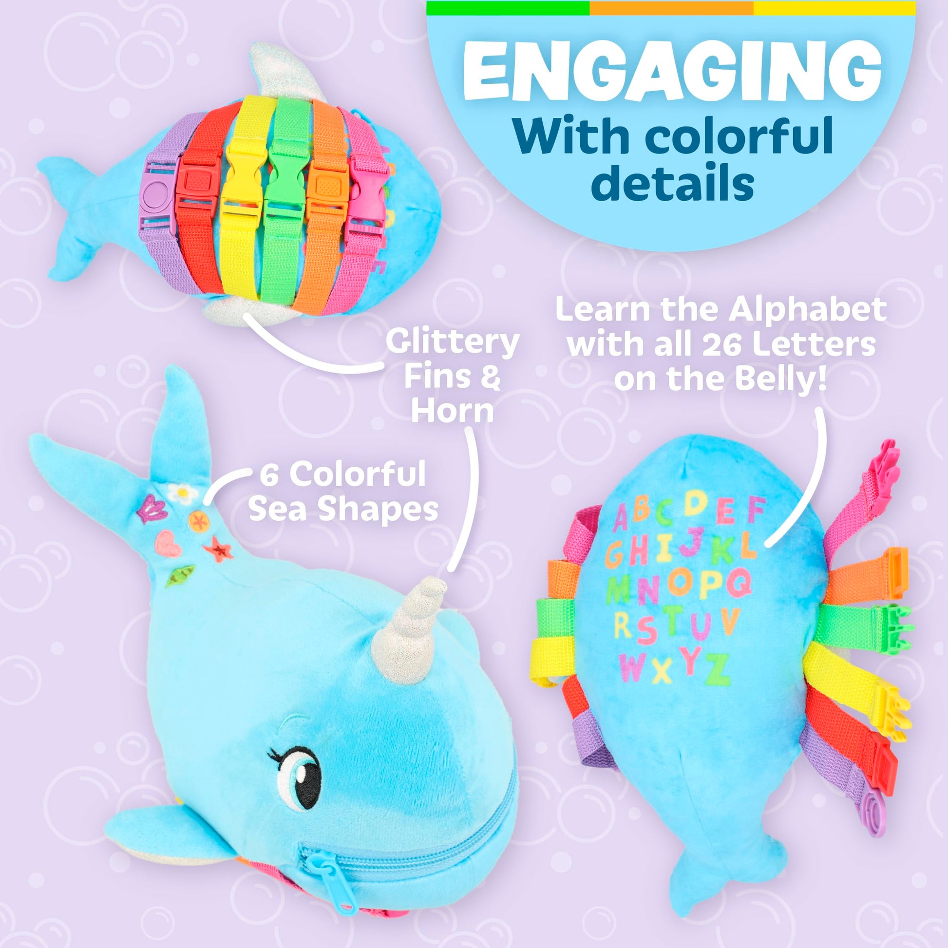 Buckle Toys - Bubbly Narwhal - Develop Fine Motor Skills - Sensory Learning Activity Toys - Toddler Plane Travel Essential
