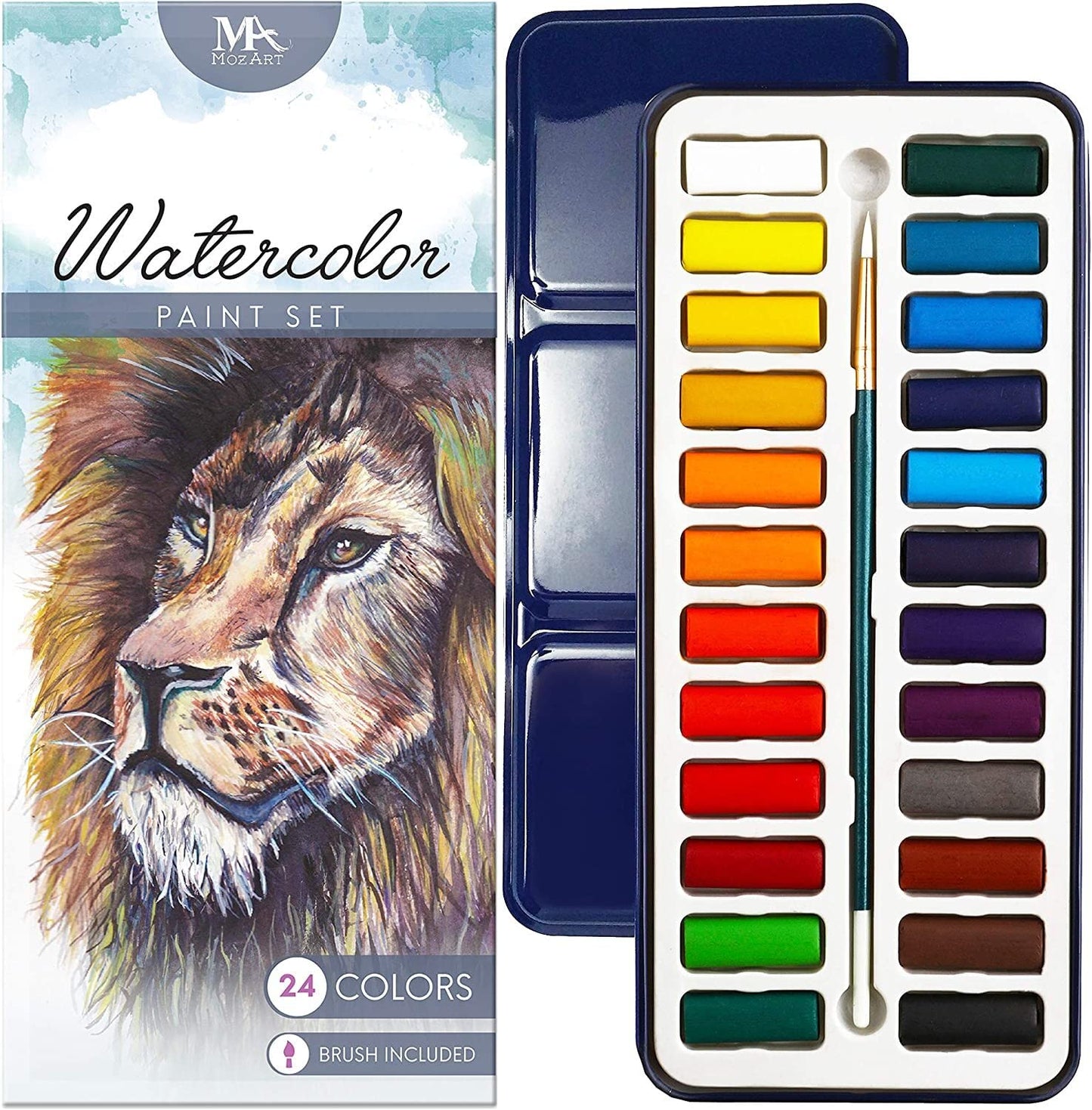 MozArt Supplies Watercolor Paint Essentials Set - Lightweight and Portable Metal Box - Lid Has 3 Partitions for Color Mixing - Easy-to-Blend Non-Toxic