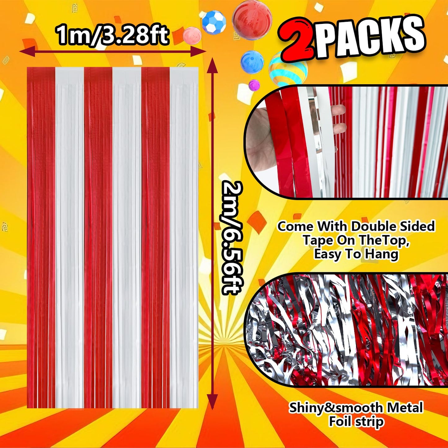 Carnival Circus Theme Red and White Foil Fringe Curtain Backdrop, 2 Pack