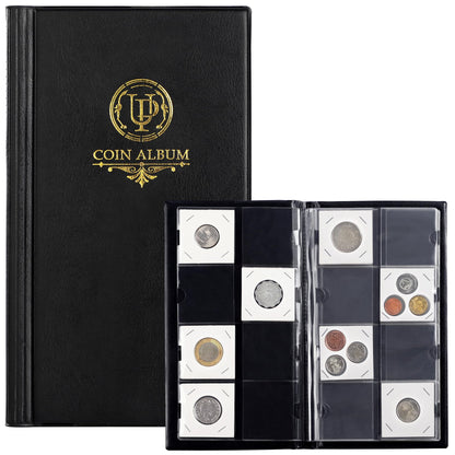 80 Pockets Collecting Album for 2x2 inches Coin Flip - Classic Large Capacity Collection Book Coin Holder for Stamps Medals Badges Black CS4308BK