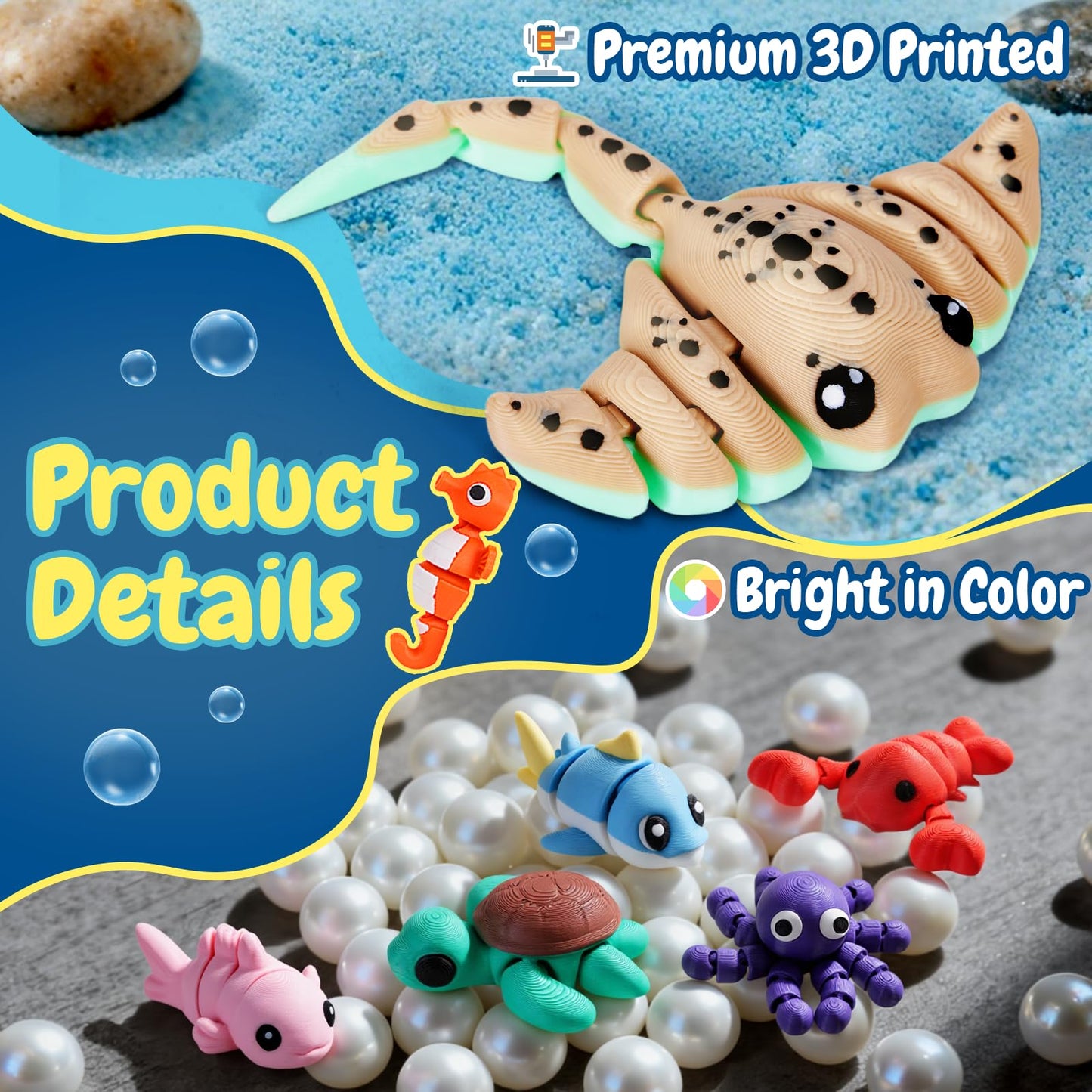Eisfiel 24Pcs 3D Printed Sea Animal Toys, 3D Printed Ocean Animals Figurines Toys for Kids, Flexible Articulated Fidget Toys for Birthday Party Favors