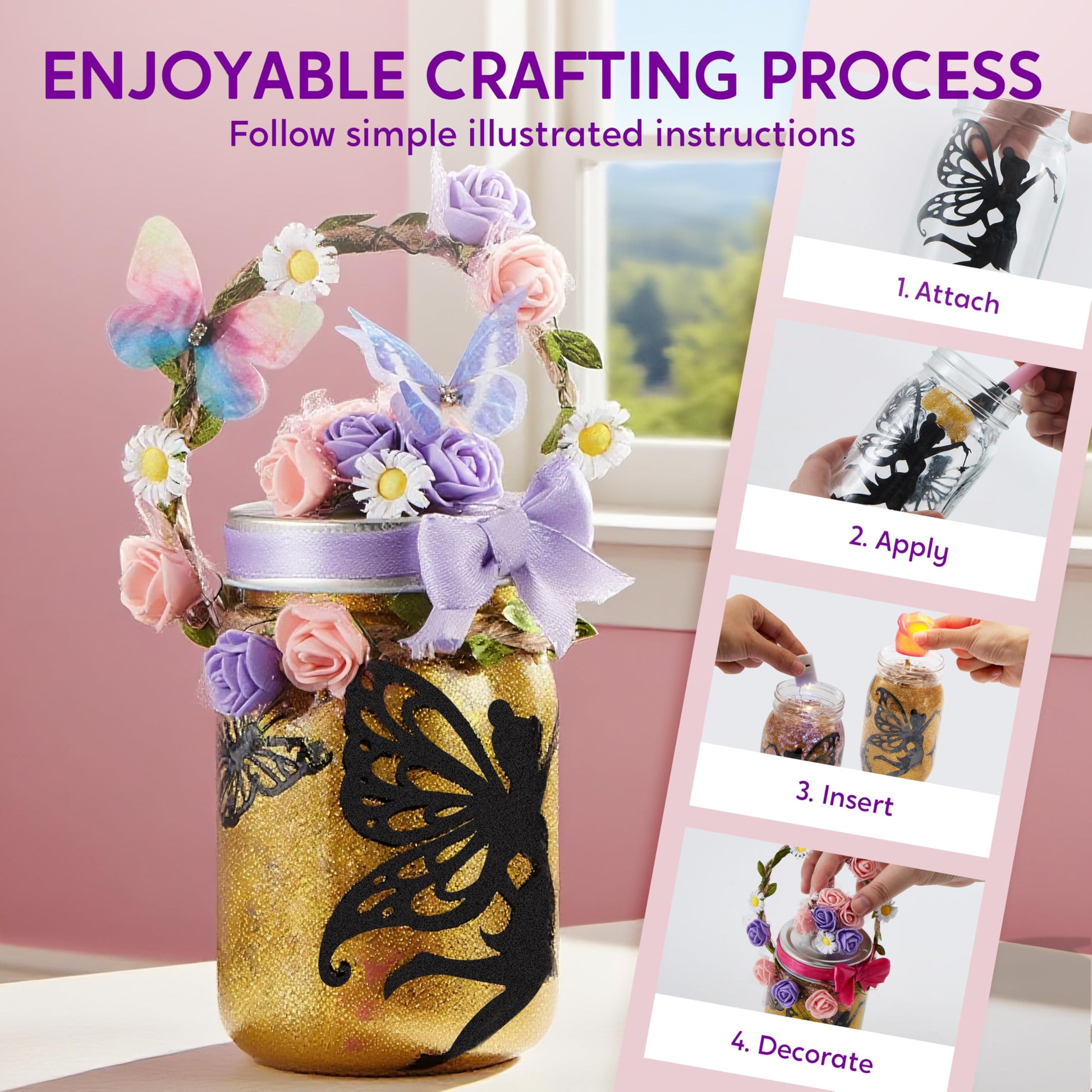 JOVA Klever Kits DIY Fairy Lantern Craft Kit with Rose Lights and String Lights, Birthday Gifts with 7 Color Fairy Potion Necklace, DIY Night Light