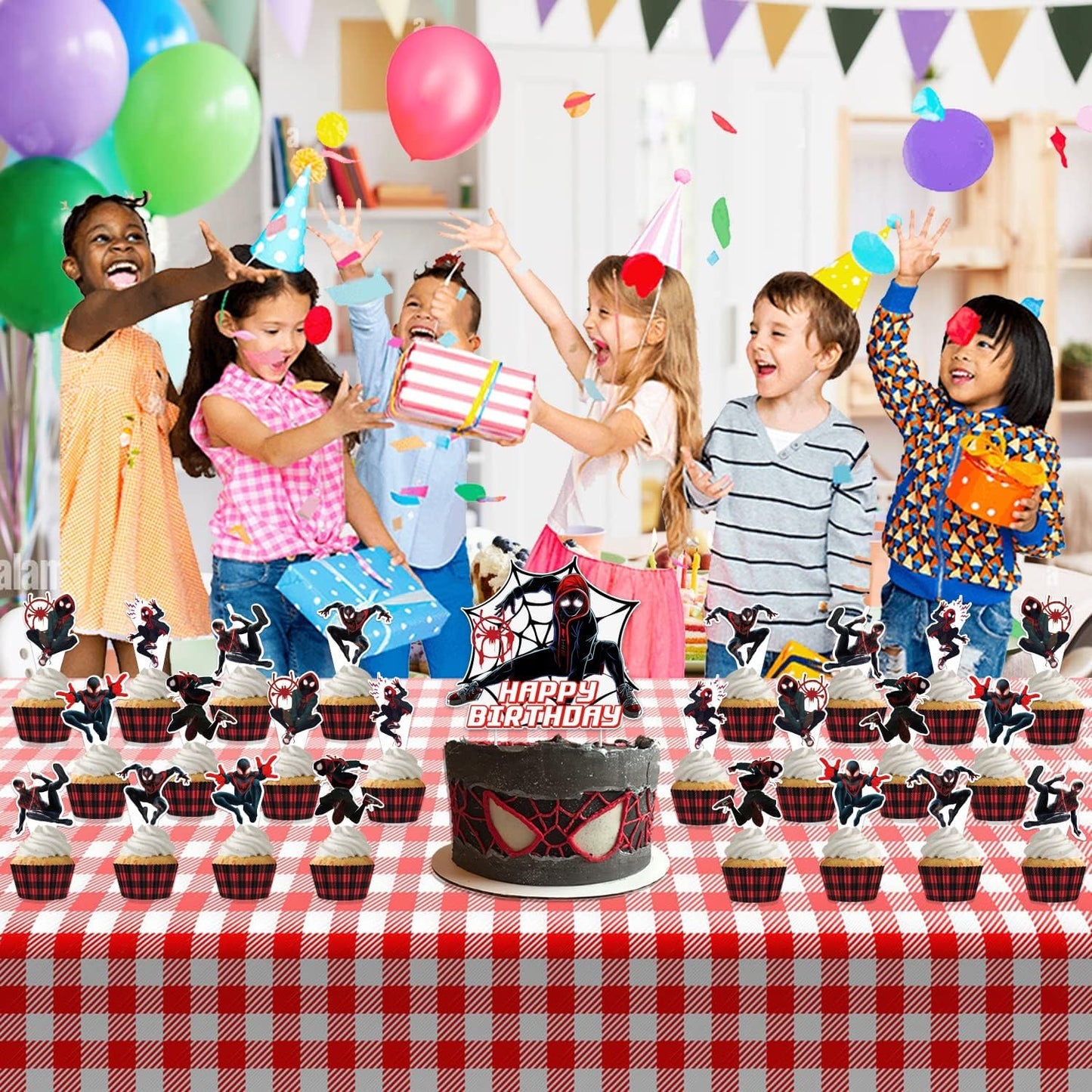 Ddajksq 25Pcs Miles Morales Party Cake Decorations, Spider Birthday Cake Cupcake Toppers for Spidey Party Supplies