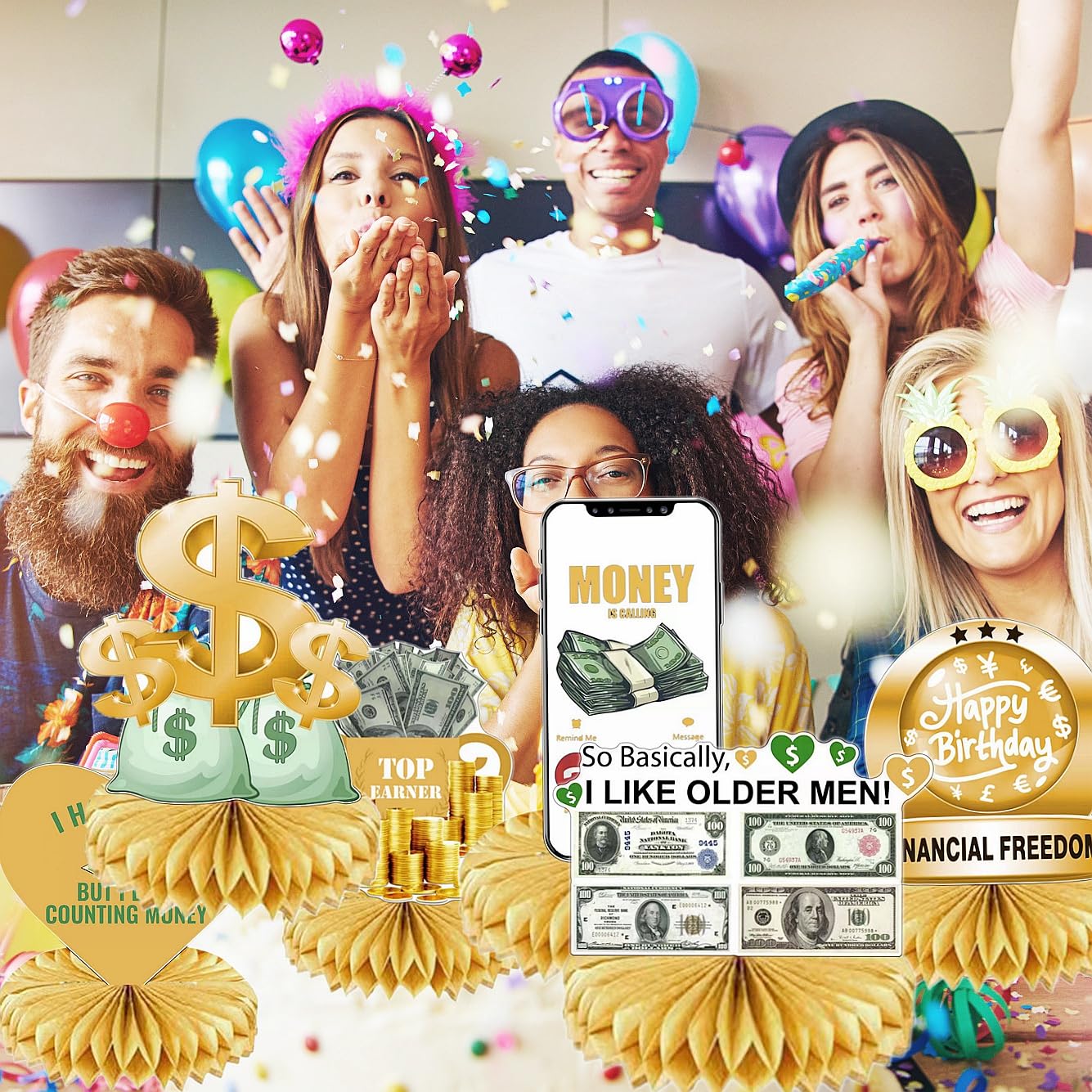 Hilarious 6Pcs Money Themed Birthday Party Honeycomb Centerpieces Bill Dollar Party Table Decorations Table Topper for Birthdays Casino Weddings