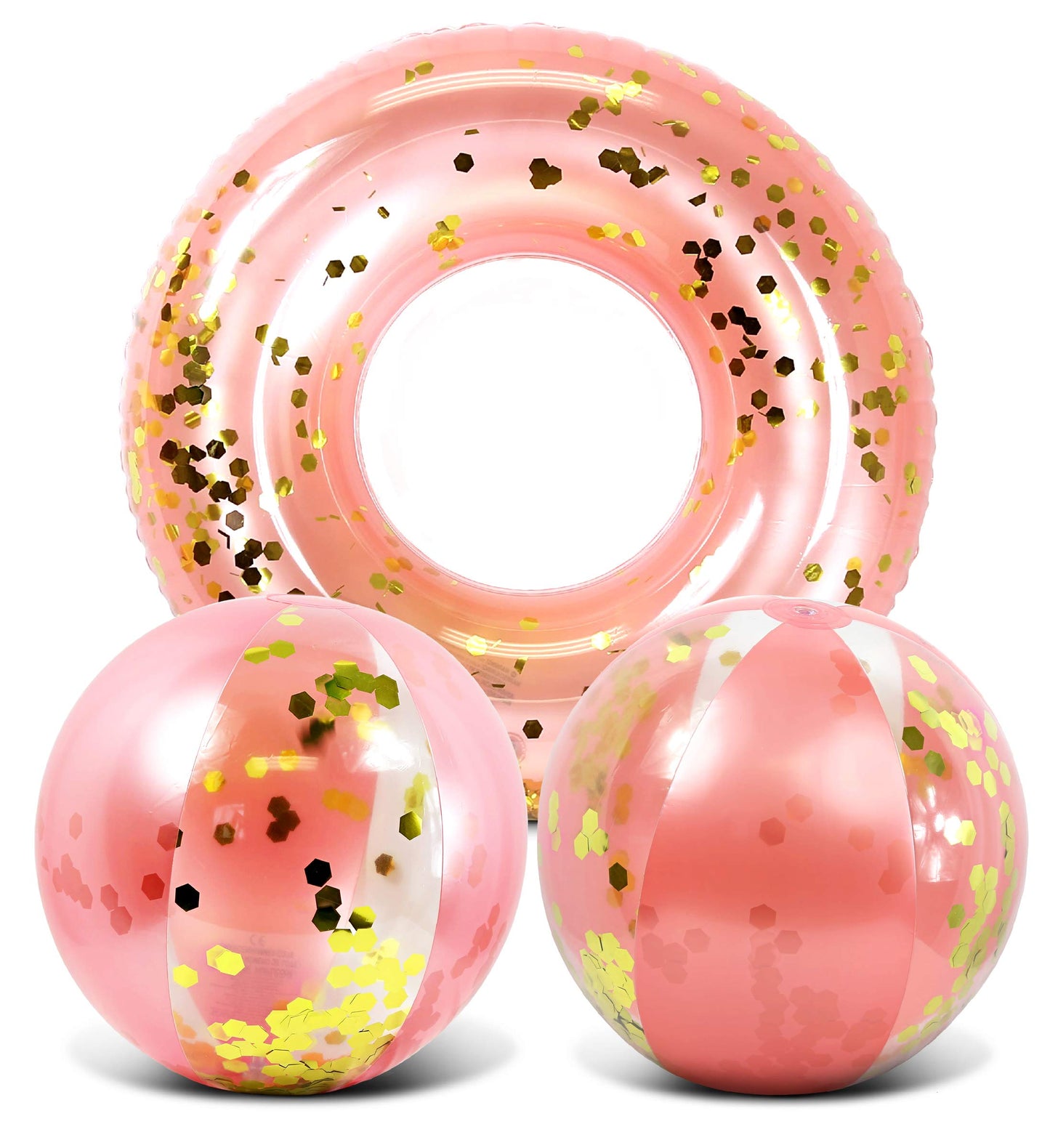 Mozlly Rose Gold Inflatable Beach Balls and Pool Float Tube Bundle - Premium Swim Ring Pool Float and Glitter Beach Ball Set, Fun Pool Floats