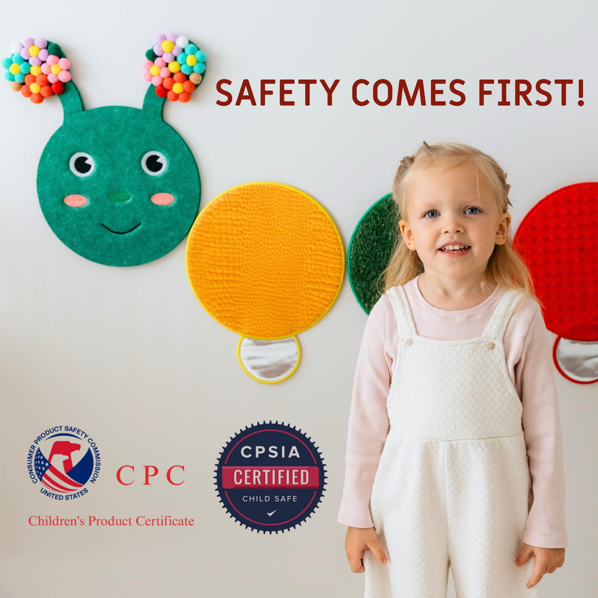 ATA zooz Sensory Wall Panel for Kids - Caterpillar Tactile Texture Board for Fine Motor Skills & Calm Down Corners - Screen-Free Sensory Wall Toy