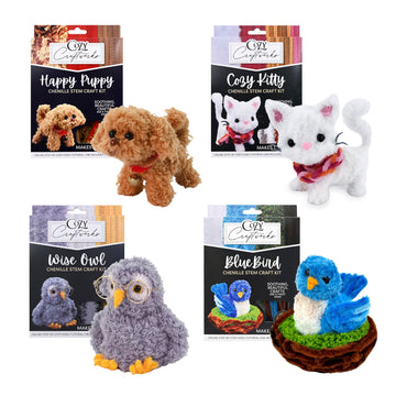 WeVeel Cozy Craftworks Chenille Stem Animal Craft Kit for Adults - Create 4 Adorable Animals (Kitty, Puppy, Bird & Owl) - Relaxing DIY Arts & Crafts