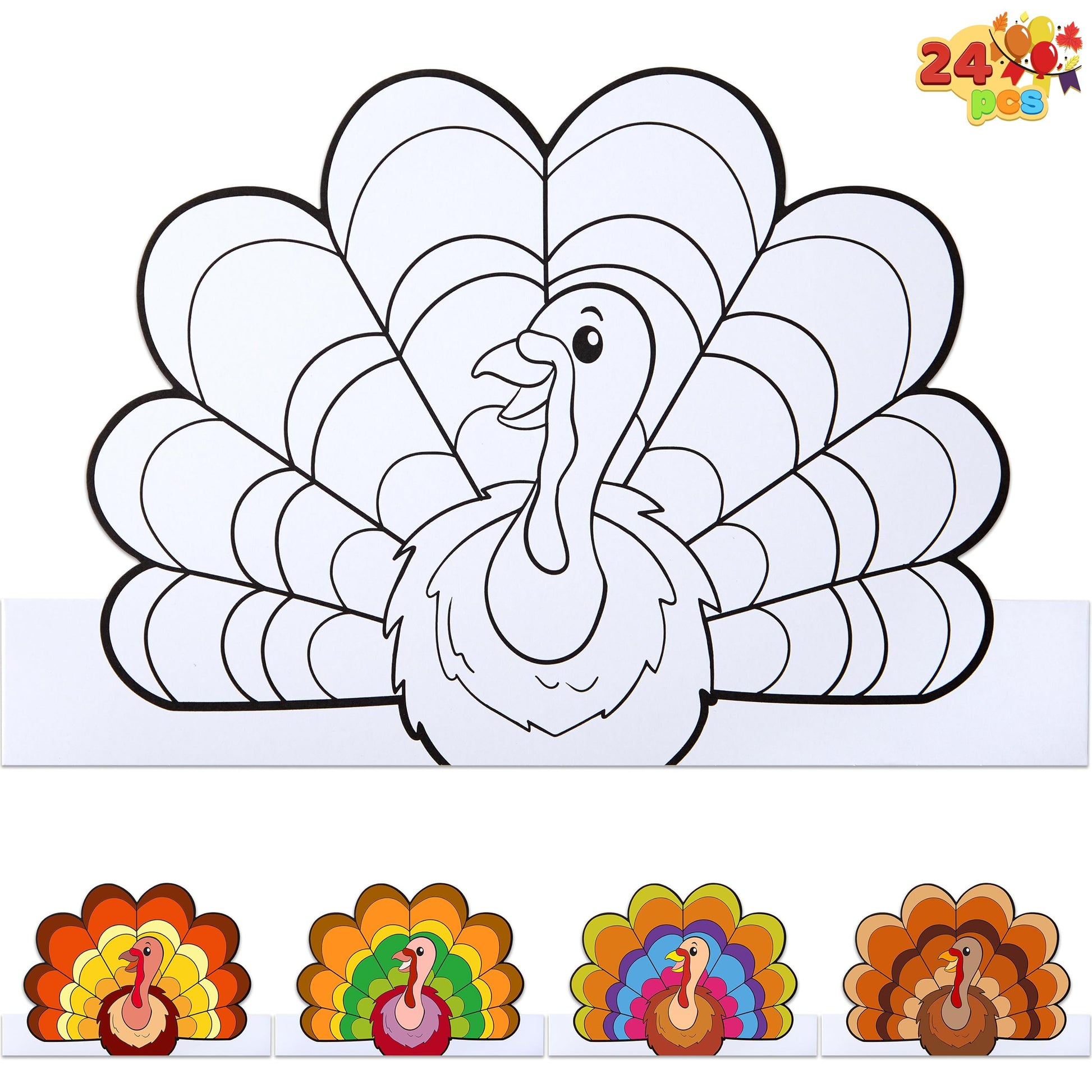 JOYIN 24 Pcs Thanksgiving Coloring Headbands, Color Your Own Turkey Crowns Kids Craft Set for Thanksgiving Kids School Activities Class Events Party