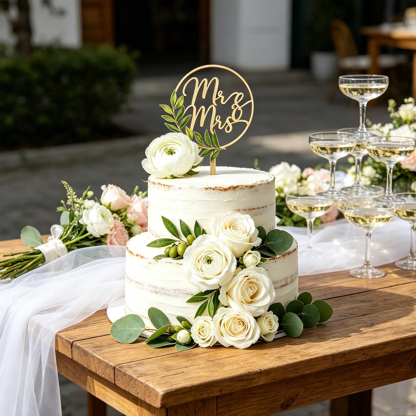 Mr & Mrs Wooden Wedding Cake Topper White Roses Flower Cake Decorations