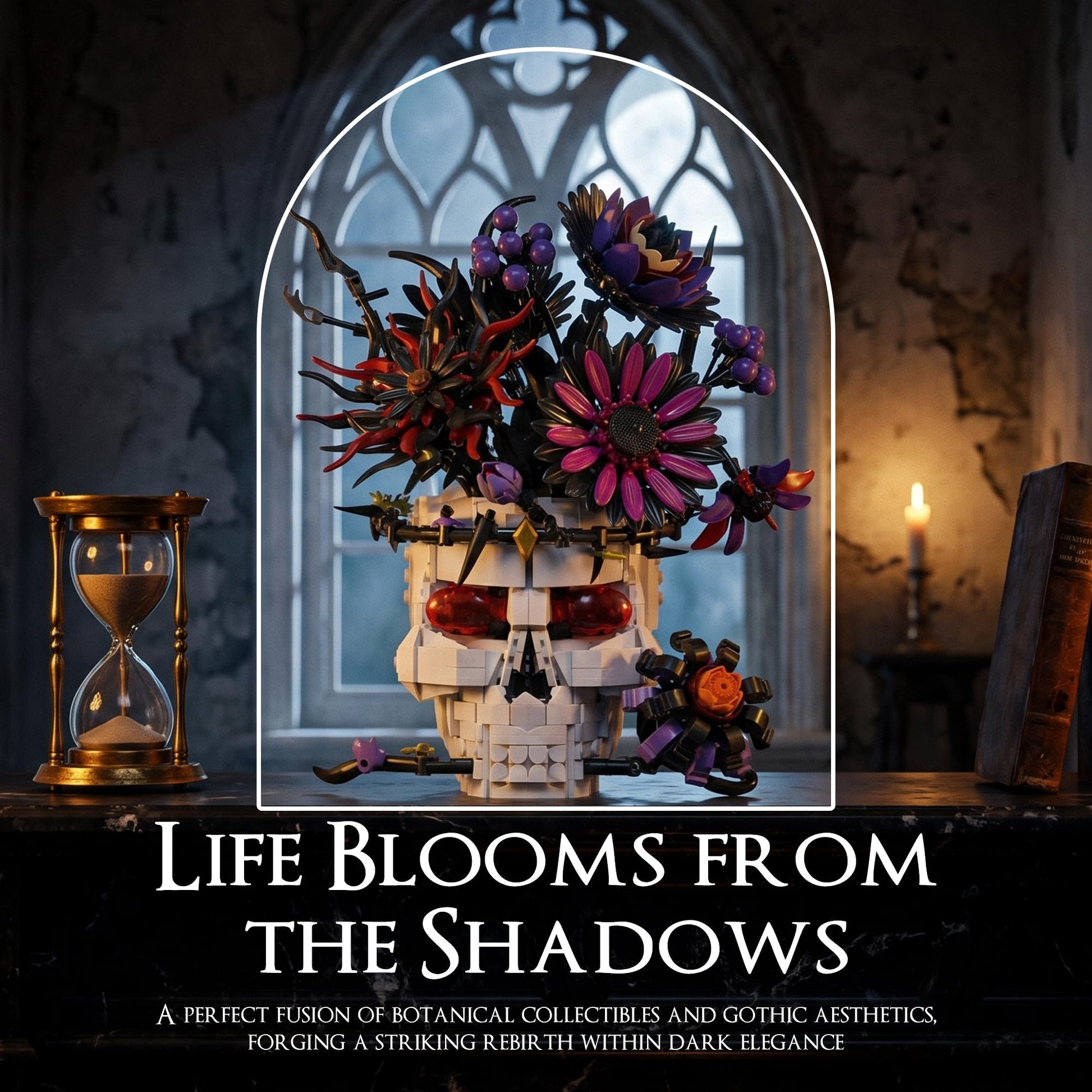 Skull Flower Bouquet Building Set, Wildflower Botanical Collection Kit for Adult Women, Horror Gothic Skeleton Decor for Goth Home Table Art Decor